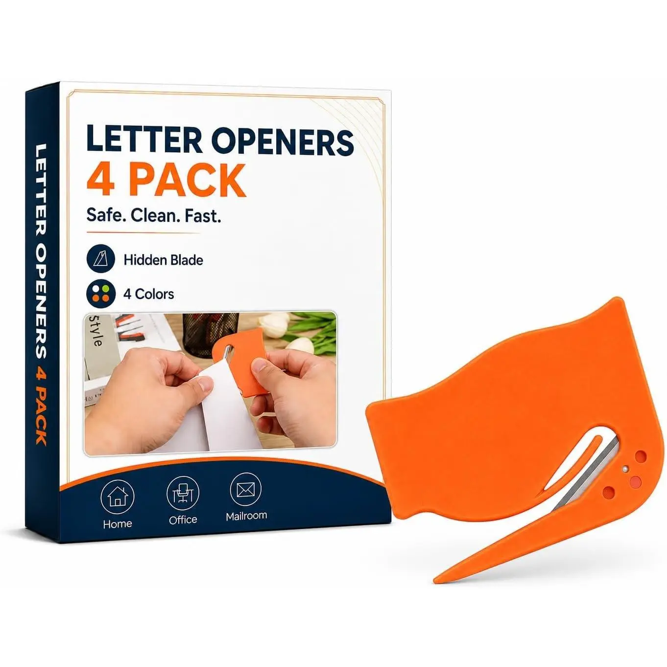 Letter Opener Envelope Slitter 4 Pack, Envelope Opener and Mail Opener with Concealed Blade, Portable Letter Openers for Home Office Mailroom Travel, Easy Grip Mail Openers in 4 Colors