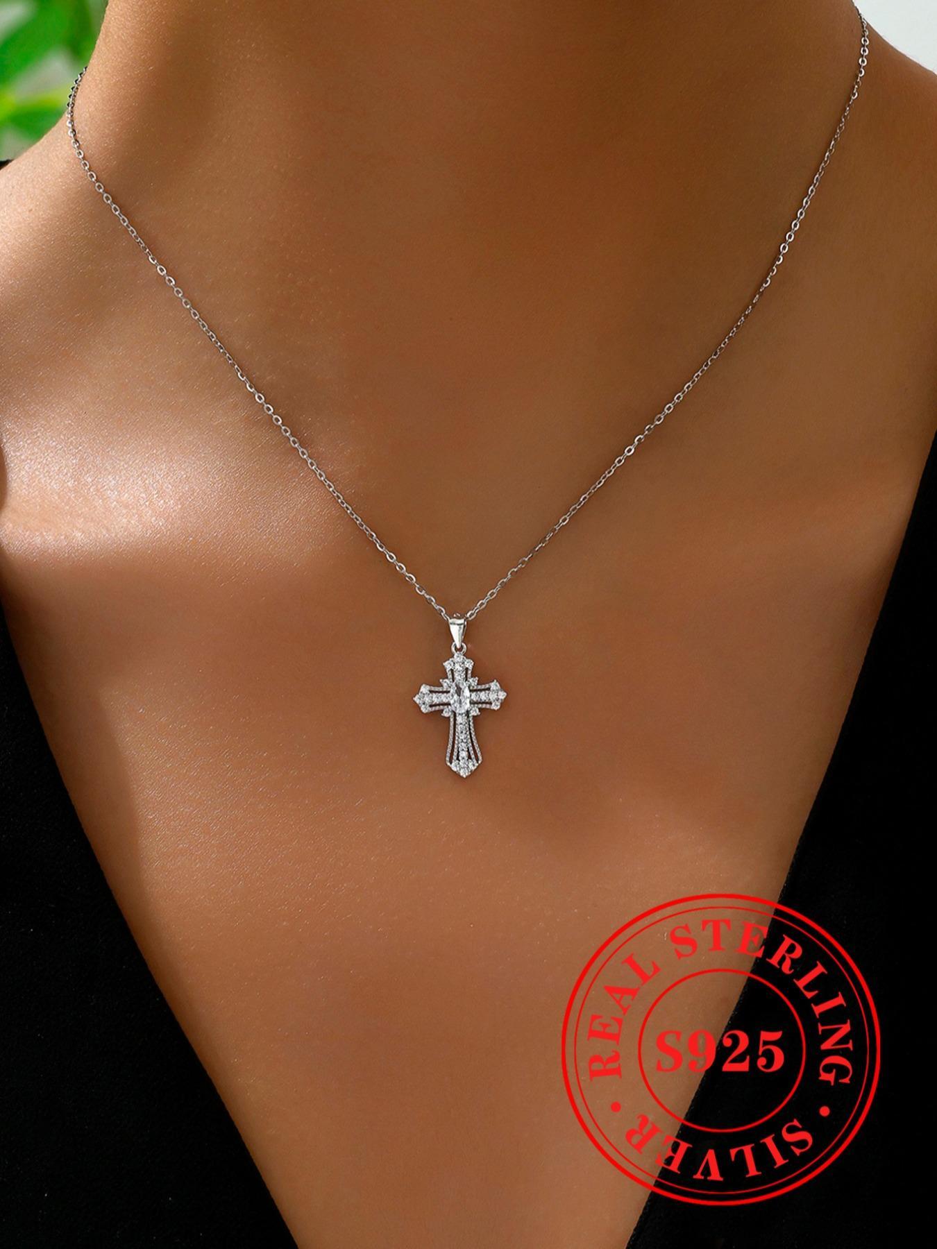 925 Sterling Silver Fashion Cross Design Pendant Necklace for Women, Artificial Zircon Decor Necklace, Trendy All-match & Exquisite Jewelry for Birthday Gift