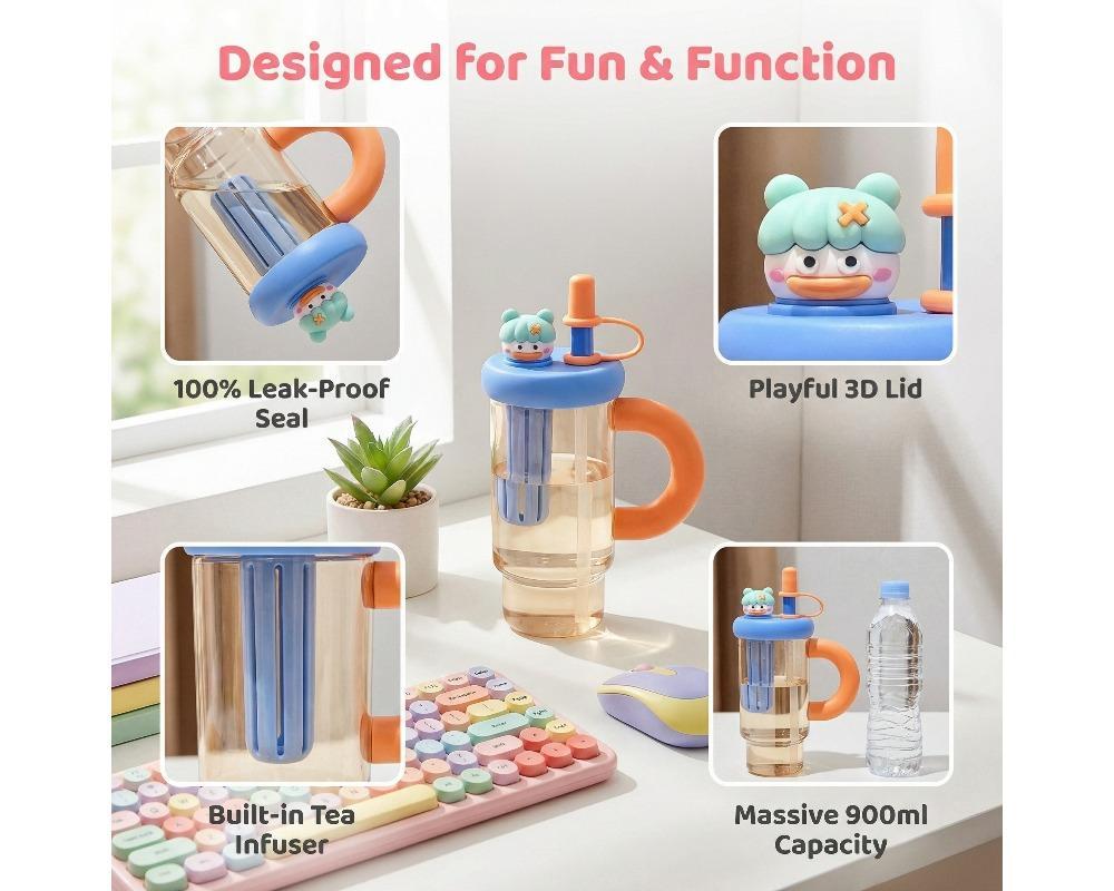 900ml High-Capacity Straw Tumbler Cute 3D Character Lid & Large Handle Portable Water Bottle with Built-in Tea Filter BPA-Free Heat-Resistant Cup for Iced Tea & Coffee Aesthetic Color-Blocking Drinkware