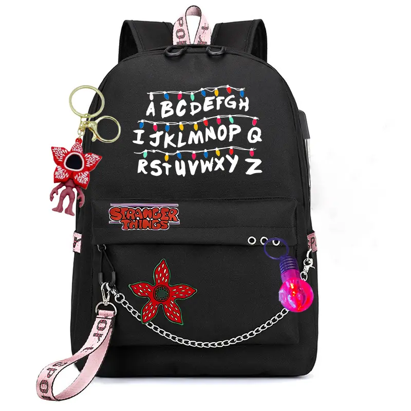 Stranger Things Backpack with USB Charging Port, Trendy Chain Detail Student School Bag, Graphic Print Travel Backpack for Teens Boys Girls