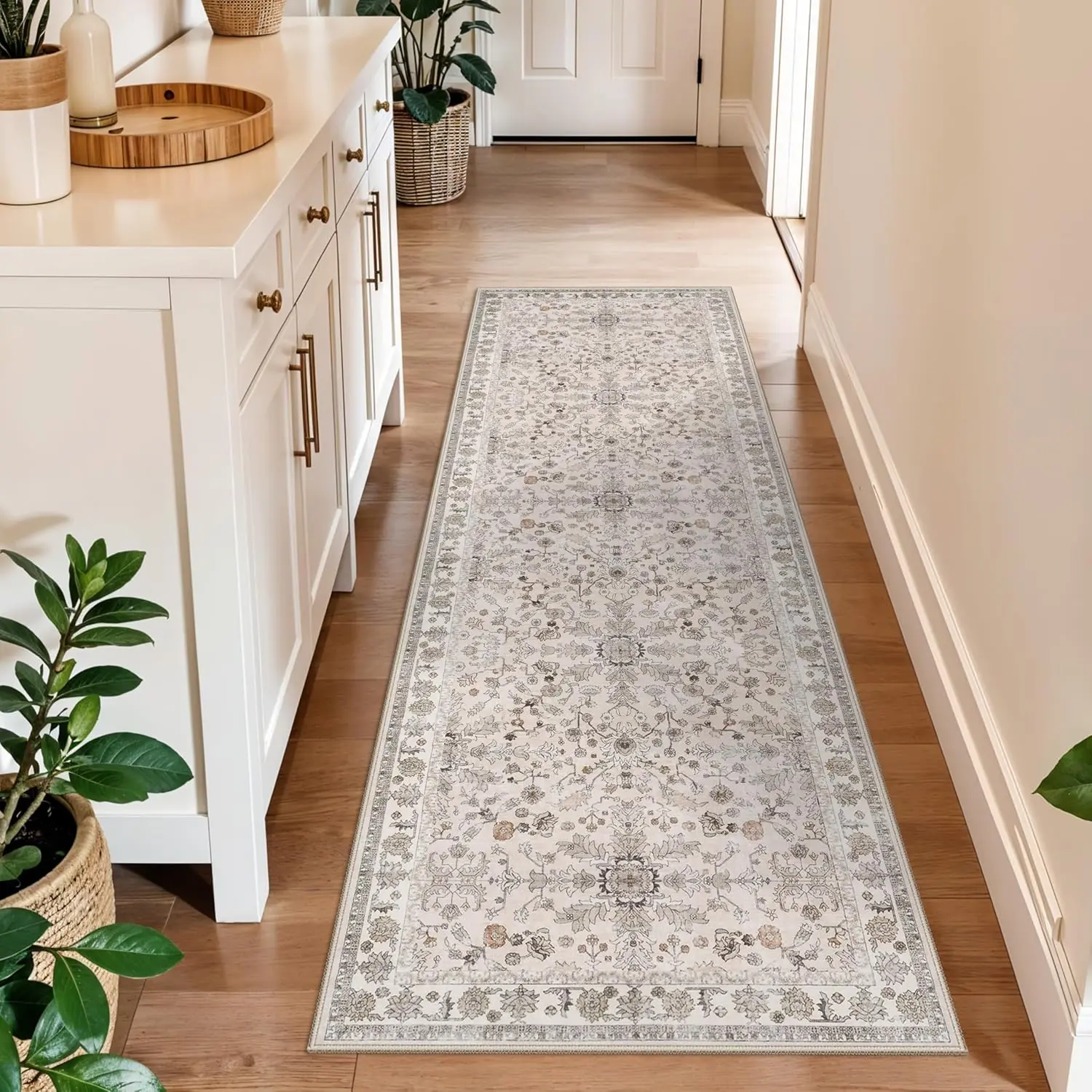 2' x 6' Rectangular Boho Vintage Runner Rug - Durable Washable Non-Slip Low-Pile Thin Carpet with Backing for Hallway Entry, Bedroom - Available in Beige, Brown, Grey Ivory, 2X6