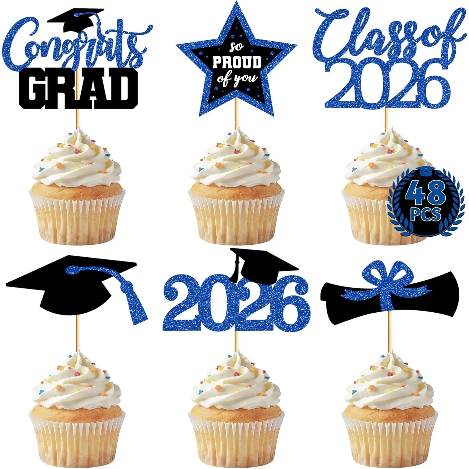 48 PCS Black and Blue Glitter Congrats Grad 2026 Cupcake Toppers - 6 Assorted Cap and Diploma Designs, Bamboo Picks for Graduation Party Supplies