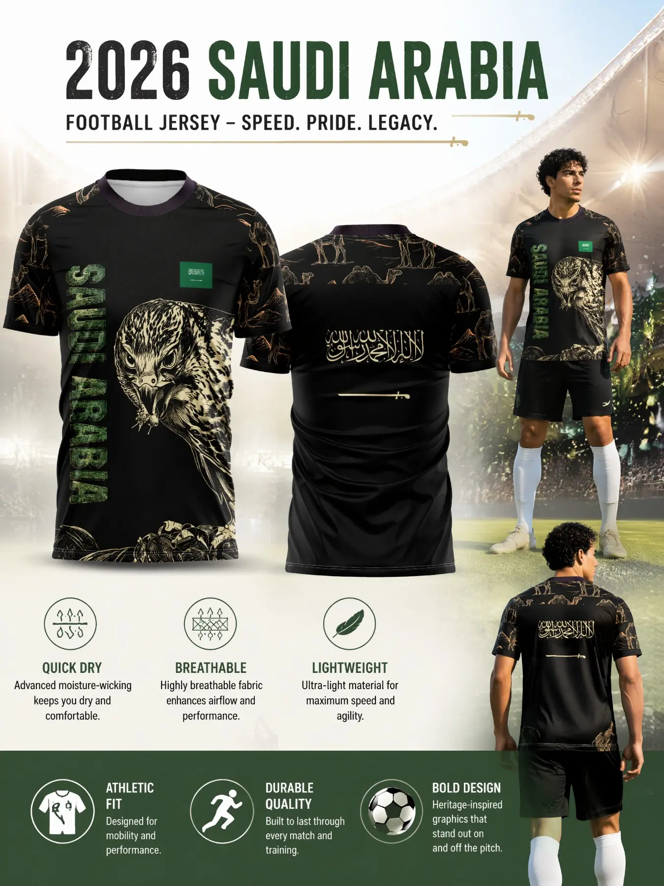 2026 Saudi Traditional Men's Soccer Jersey, Quick-Dry Breathable Mesh, Slim Fit, Falcon and Camel Print, Ideal for Saudi Fans
