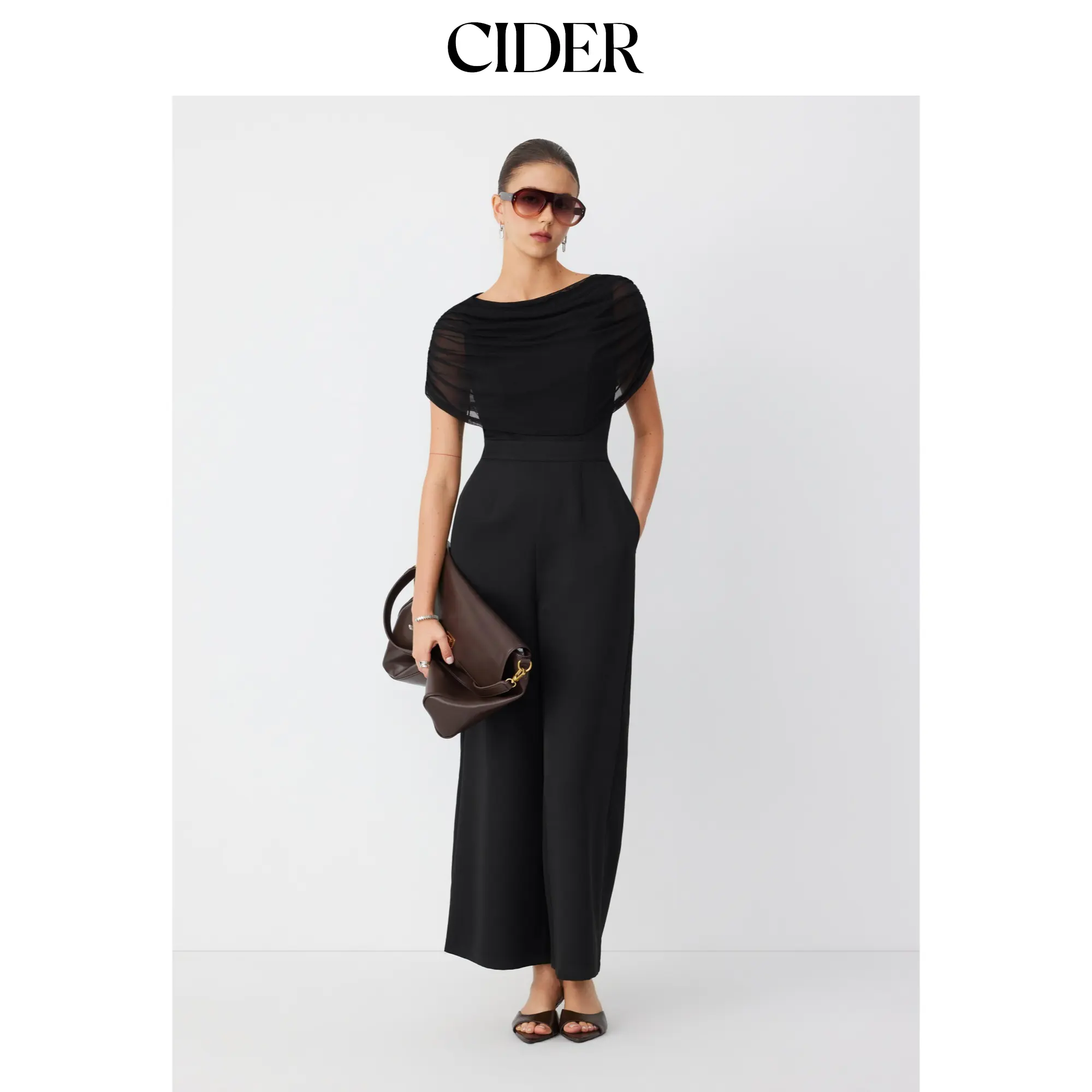 Women's Mesh Fitted Basic Casual Overalls - Cider Boat Neck, Ruched Waist, Mid-Rise, Full-Length Straight Pants Jumpsuit