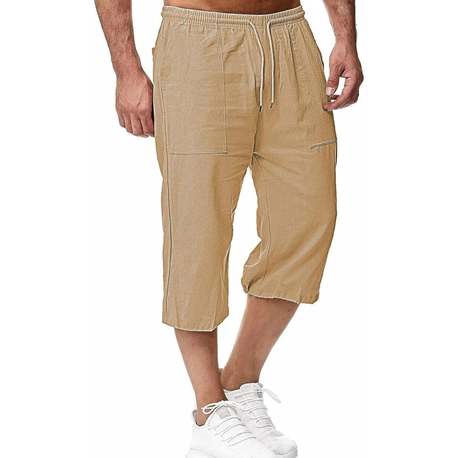 Men's Long Linen Shorts Below Knee Pocketed 3/4 Summer Drawstring Capri Pant