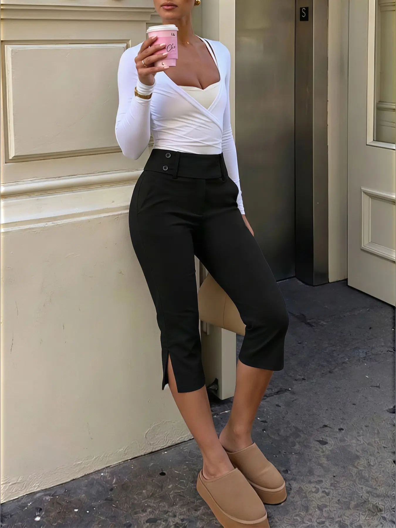 Black Capri Pants Women Low Rise Slim Fit Cropped Trousers Side Slit Hem Button Detail Stretchy Bodycon Office Lady Work Pants Casual Going Out Y2K Chic Minimal Fashion Bottoms