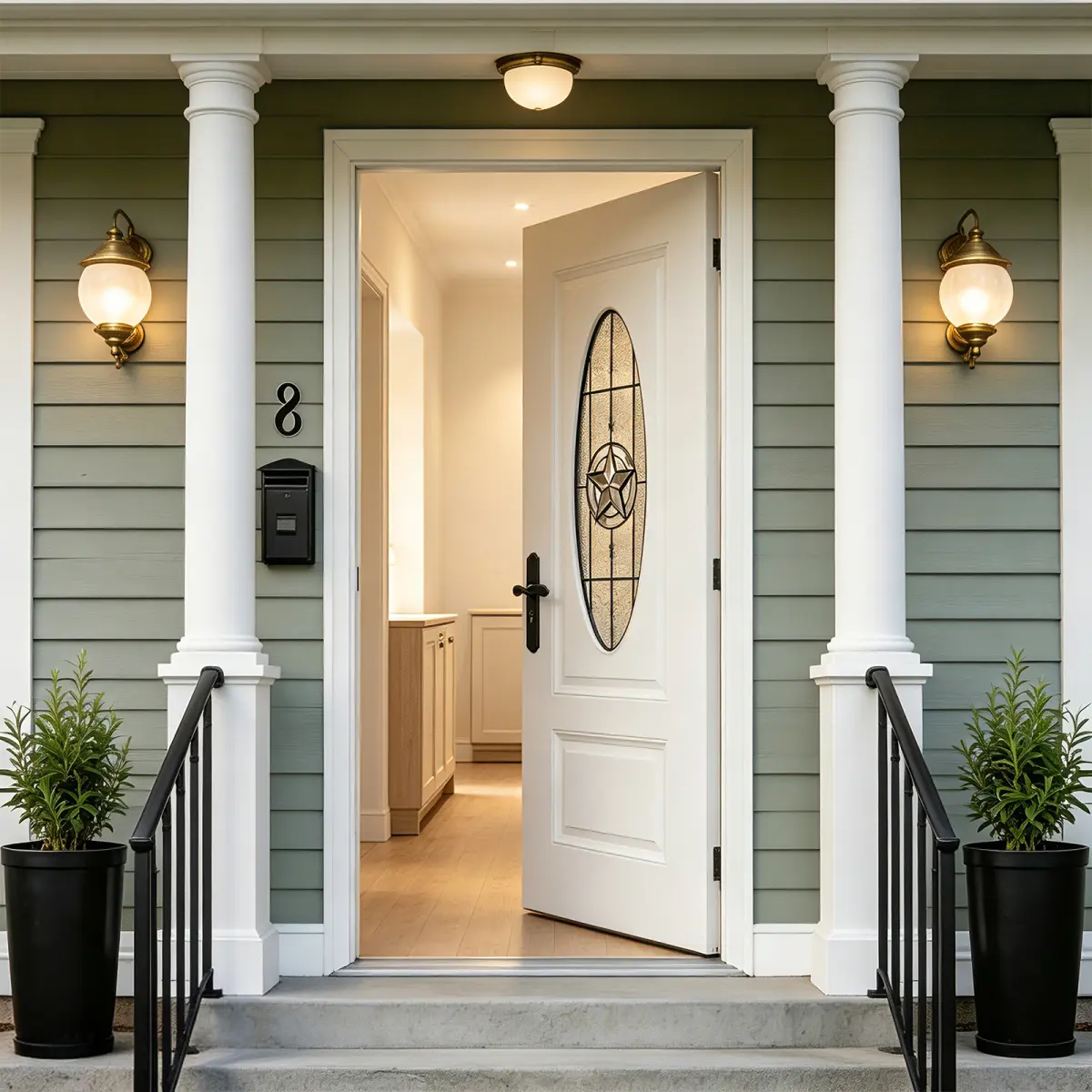 36"x80" Right-Hand Inswing Fiberglass Front Door – White 4-9/16" PVC Frame with Brickmould, Brushed Smooth Finish, Oval Decorative Glass, Weather-Resistant Exterior Door for Home, White