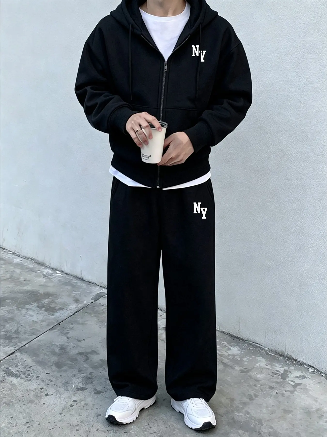 Men’s Printed Zip-Up Hoodie Two-Piece Matching Tracksuit, Drop-Shoulder Oversized Top & Loose Wide-Leg Straight Sweatpants Set. One set multi-wear, perfect for gym weightlifting, daily commuting, campus looks, skate street style