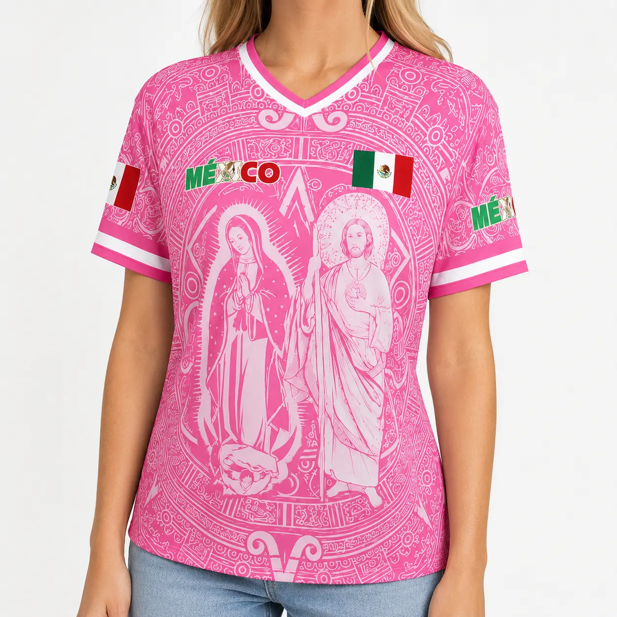 Pink Mexico V Neck Jersey Shirt for Men Women, Mexican Flag Aztec Faith Graphic Print, Lightweight Polyester Short Sleeve Fan Style Top for Cinco de Mayo, Summer Party & Game Day,clothes,outfits