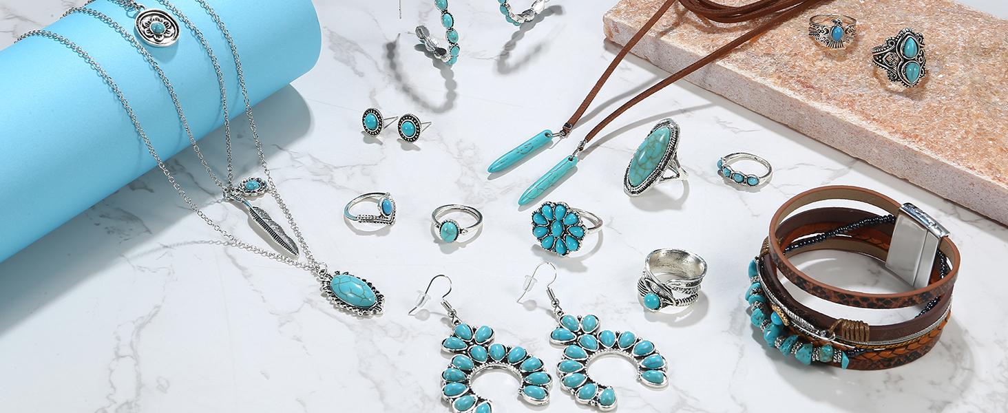 MILACOLATO Western Jewelry For Women Bohemian Turquoise Jewelry Set Turquoise Pendant Choker Necklace Turquoise Faux Leather Cuff Bracelet Turquoise Hoop Dangle Earrings Turquoise Joint Knuckle