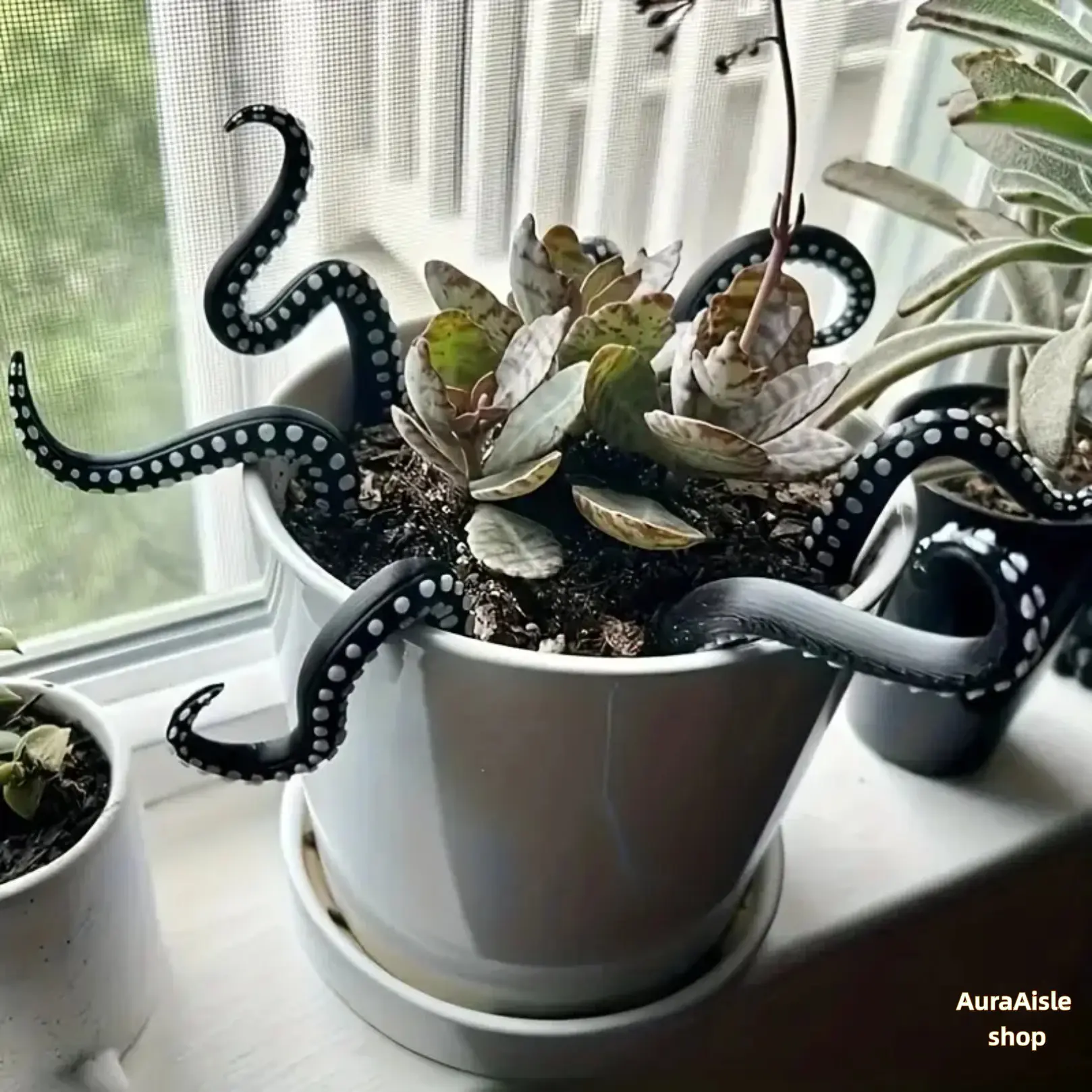 7-Piece Resin Octopus Tentacle Plant Stake Set, Artistic Sculptural Garden Picks, Spooky Accent Decor For Planter Embellishment, Halloween Styling, Outdoor Patio, Lawn Layout And Yard Landscape Ornament Arrangement