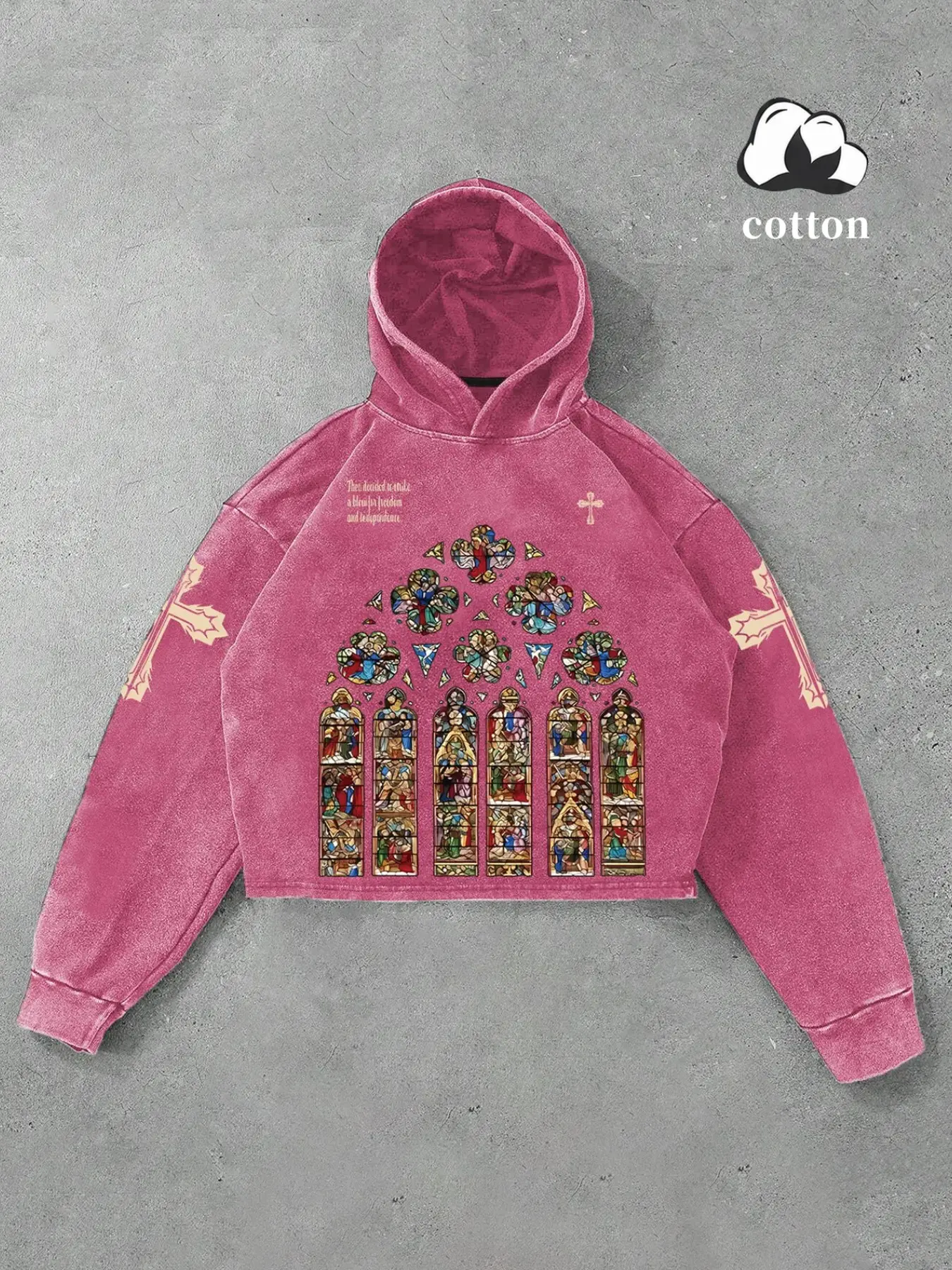 Men's Pink Washed Gothic Window Graphic Hoodie, Oversized Pullover with Colorful Stained-Glass Style Front Print, Sleeve Graphics, Drop Shoulders and Kangaroo Pocket, Retro Y2K Art Streetwear for Campus, Travel, Festivals, Parties, and Casual Wear