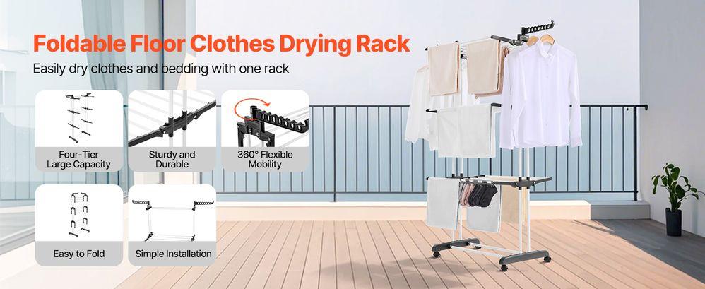 Clothes Drying Rack, Oversized 4-Tier(67.7" High) Foldable Stainless Steel Drying Rack Clothing, Movable Drying Rack with 4 castors, 24 Drying Poles and 14 Hooks for Bed Linen, Clothing