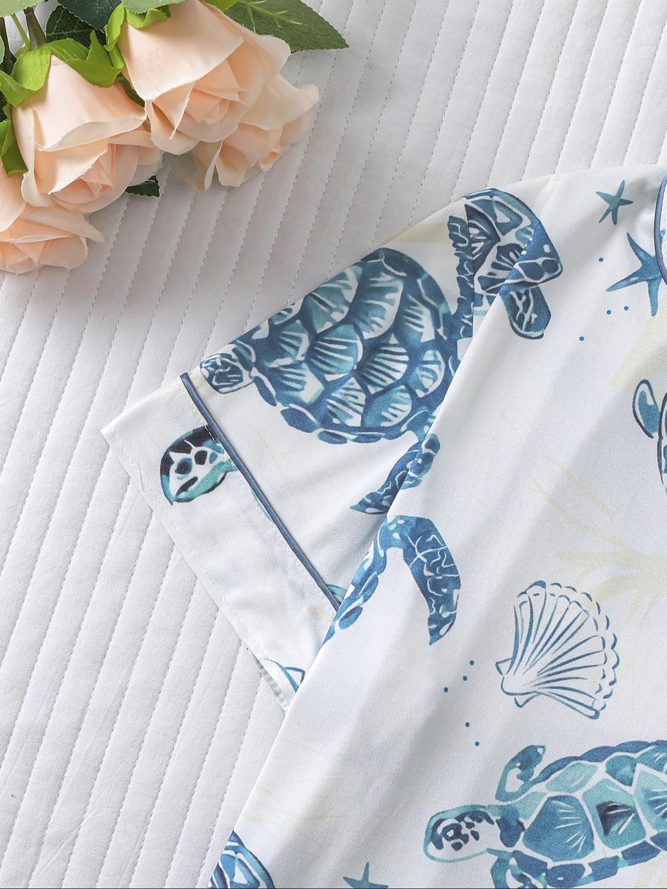 Kids Cartoon Star Turtle Print Pajama Two-piece Set, Cute Comfy Short Sleeve Lapel Neck Pj Set, Kids Sleepwear for All Seasons, Sleepwear Pajamas