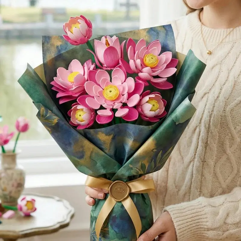 260PCS Pink Lotus Flower Building Blocks Set Block Kit Artificial Botanical Lotus Bouquet DIY Assembly Bricks for Home Decor Toy Gift