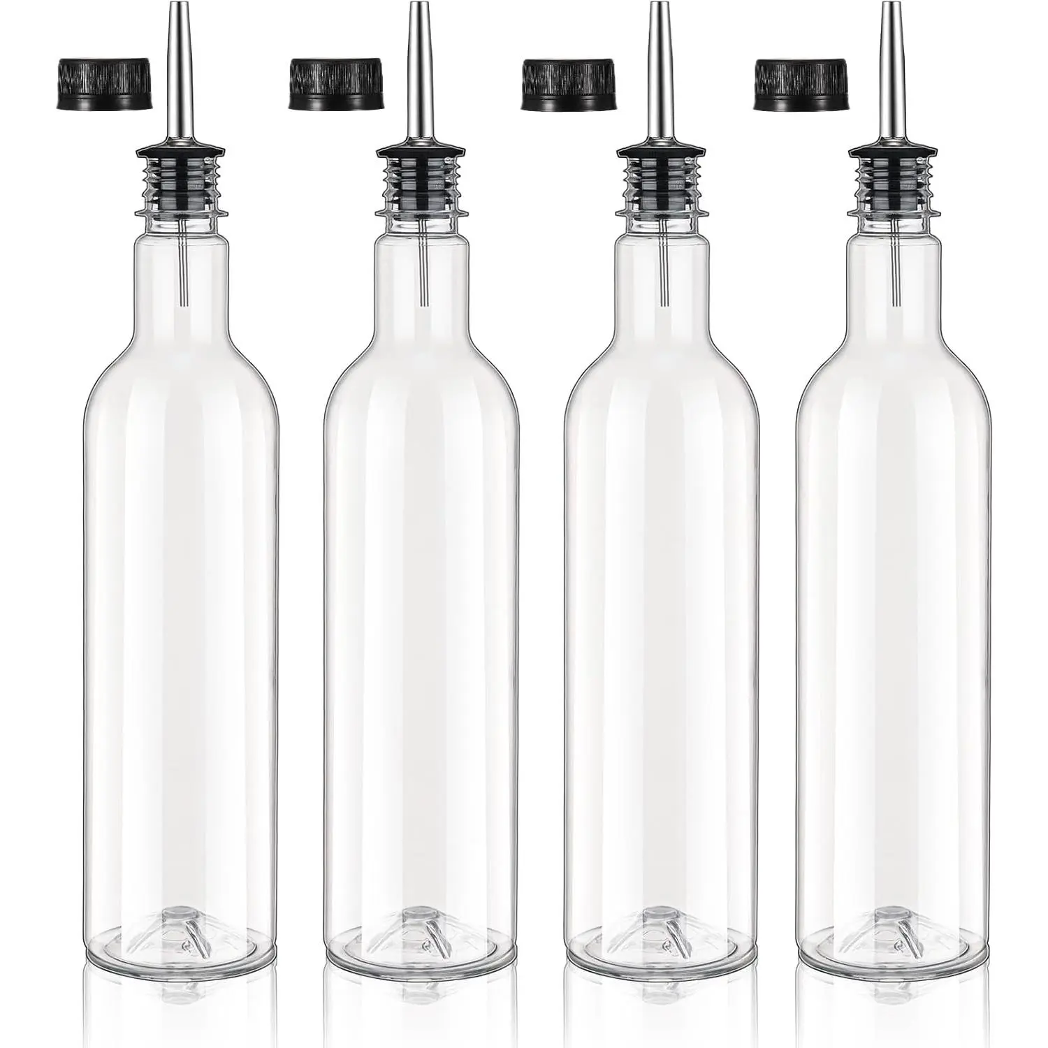 4 Pack 25 oz Plastic Syrup Bottles Long Neck with Stainless Steel Leakproof Tapered Spout Pourer and Cap Container for Alcohol Juice Coffee Home Bar Bartending Supplies