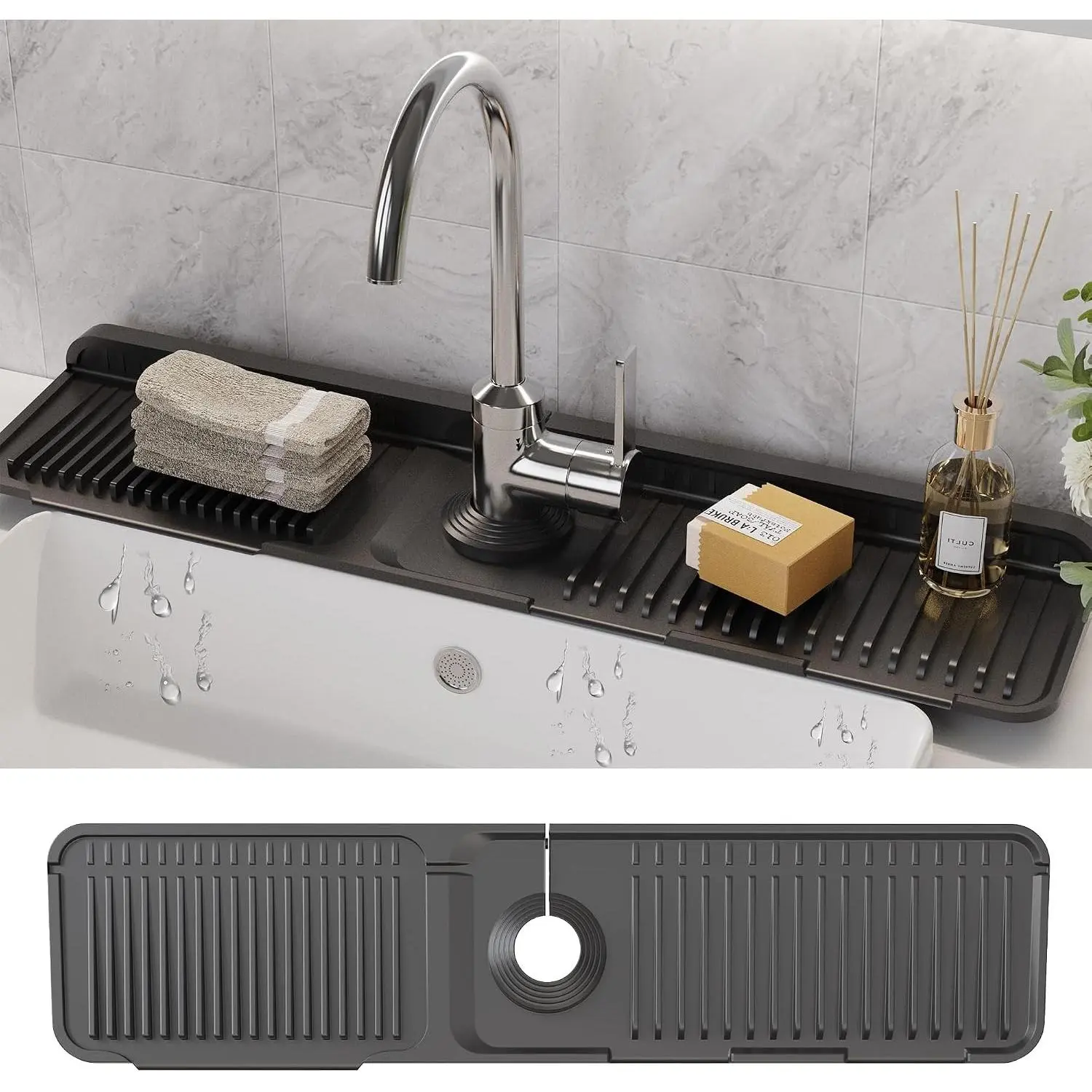24X5 Inch Silicone Durable Faucet Mat Kitchen Sink Splash Guard Draining Protector Tray Liner Absorbent Protective Counter Accessories For Sink Kitchen Bathroom Laundry Room Bar & RV Black