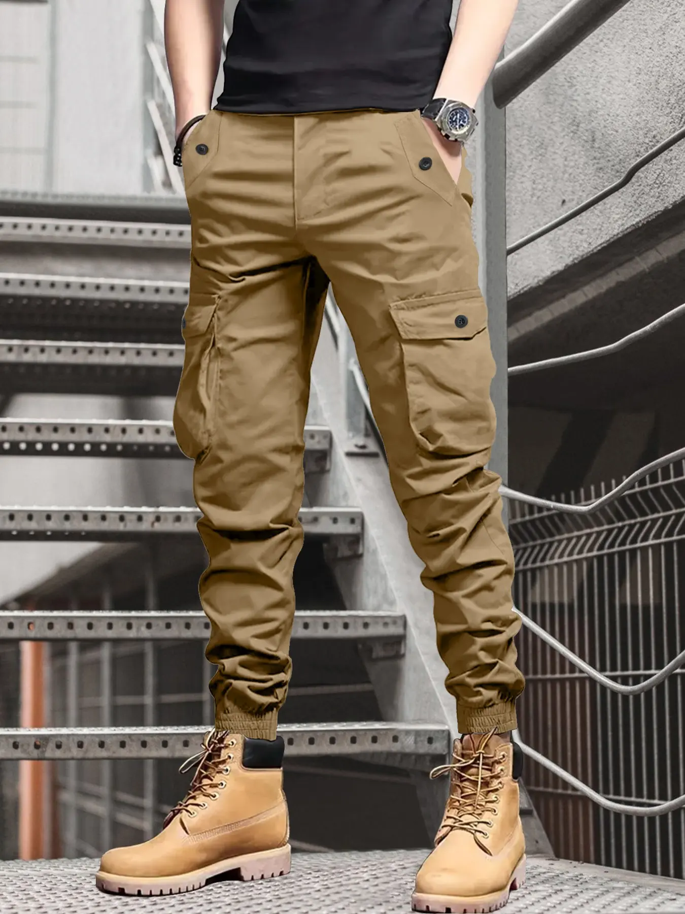 Men's Cargo Pants, Slim Fit, Mid Waist, Drawstring Waist, Plain Pattern, Long/regular Length, All Seasons, S-Xxl, Multiple Colors Available