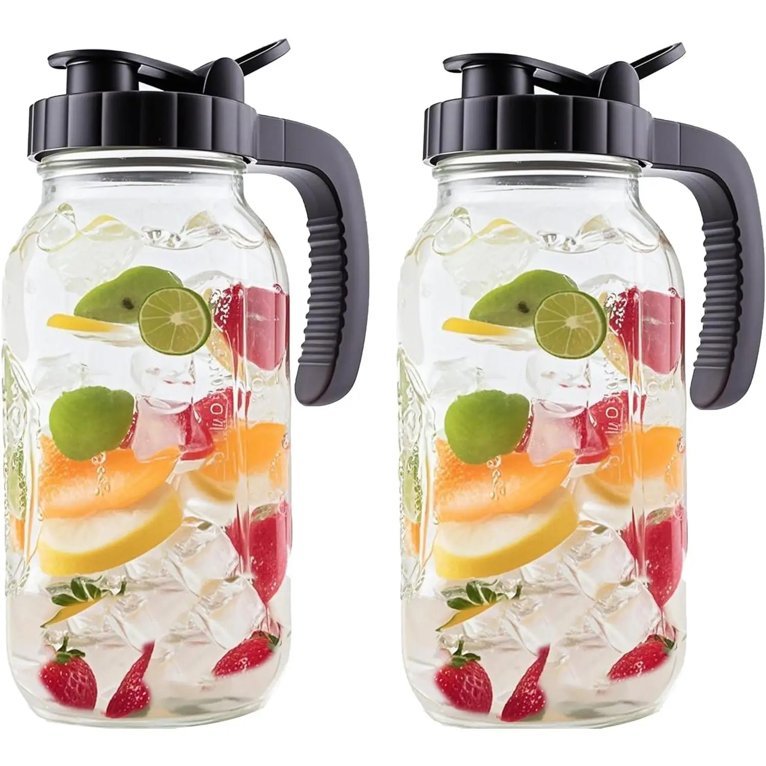 Glass Mason Jar Pitcher With Lid 2 Quart Sun  Glass Pitcher 64 Oz Wide Mouth Half Gallon Hot Cold Water Coffee Jug Carafe For Fridge Lemonade, Beverage,Milk,Juice, Cold Brew  Container