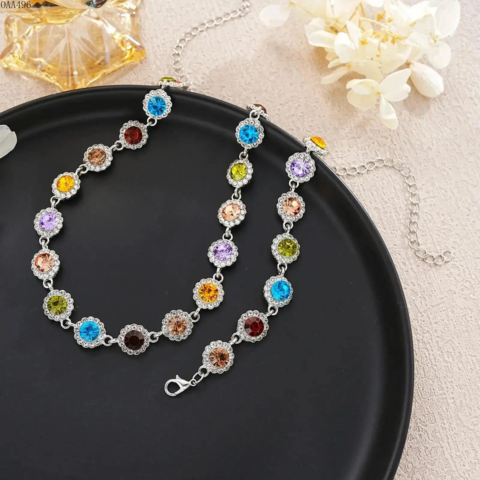 Necklace and Bracelet Jewelry Set for Women, Gold Plated Alloy Chain With Multicolor Cubic Zirconia Pendant, Adjustable Minimalist Jewelry for Daily Wear, Parties and Gift Giving