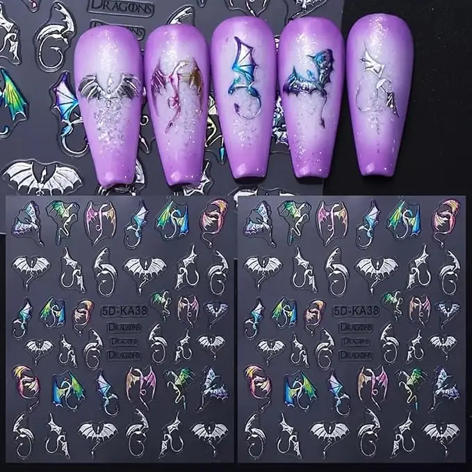 2 Sheets Gothic 5D Embossed Nail Art Stickers, Silvery Colored Bat Flying Dragon Pattern Self-Adhesive Nail Decals, Halloween Nail Stickers DIY Nail Art Decoration, Suitable for Halloween Nail Supplies