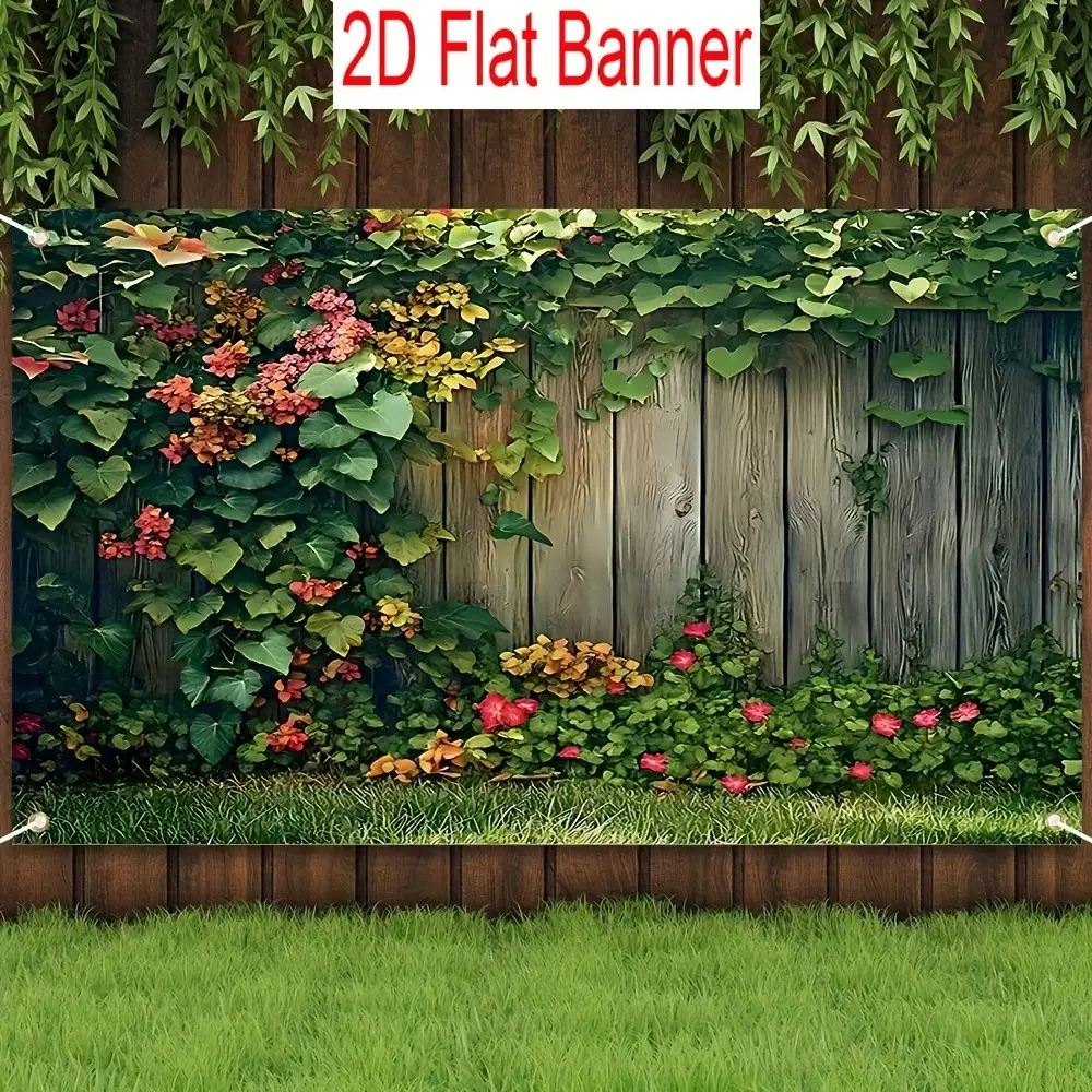 2D Flat Jungle Garden Banner | Wooden Fence & Climbing Greenery Nature Backdrop | Single-Sided Polyester | Metal Grommets for Easy Hanging | Perfect for Home Decor, Garden Parties, Outdoor Events & Photo Backgrounds