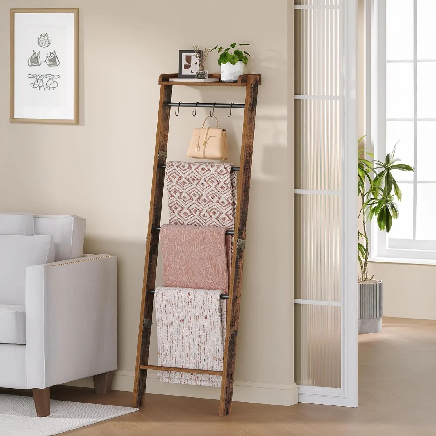 Rustic Brown Wooden Blanket Ladder Shelf - Farmhouse Metal-Steel Wall/Prop Organizer, 6-Tier Decorative Quilt Rack with 4 Removable Hooks, 7.9" D x 17.3" W x 63.4" H, BR35801B