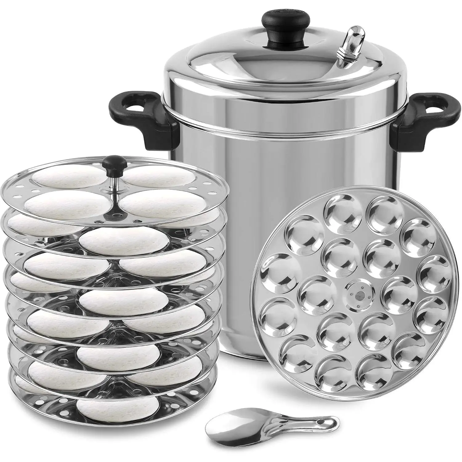 8 Liter Large Stainless Steel Idli Cooker with Whistle Indicator, Food Grade 8 Idli Plates For Cooker, Electric Pot, Insta Pot - 8 Idli Plates & 1 Mini Idly Plates, Makes 32 Idlis