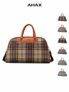Women's Plaid Canvas Travel Bag, Large Capacity Retro Weekend Tote, Waterproof Overnight Airport Fitness Bag, Six Colors Available