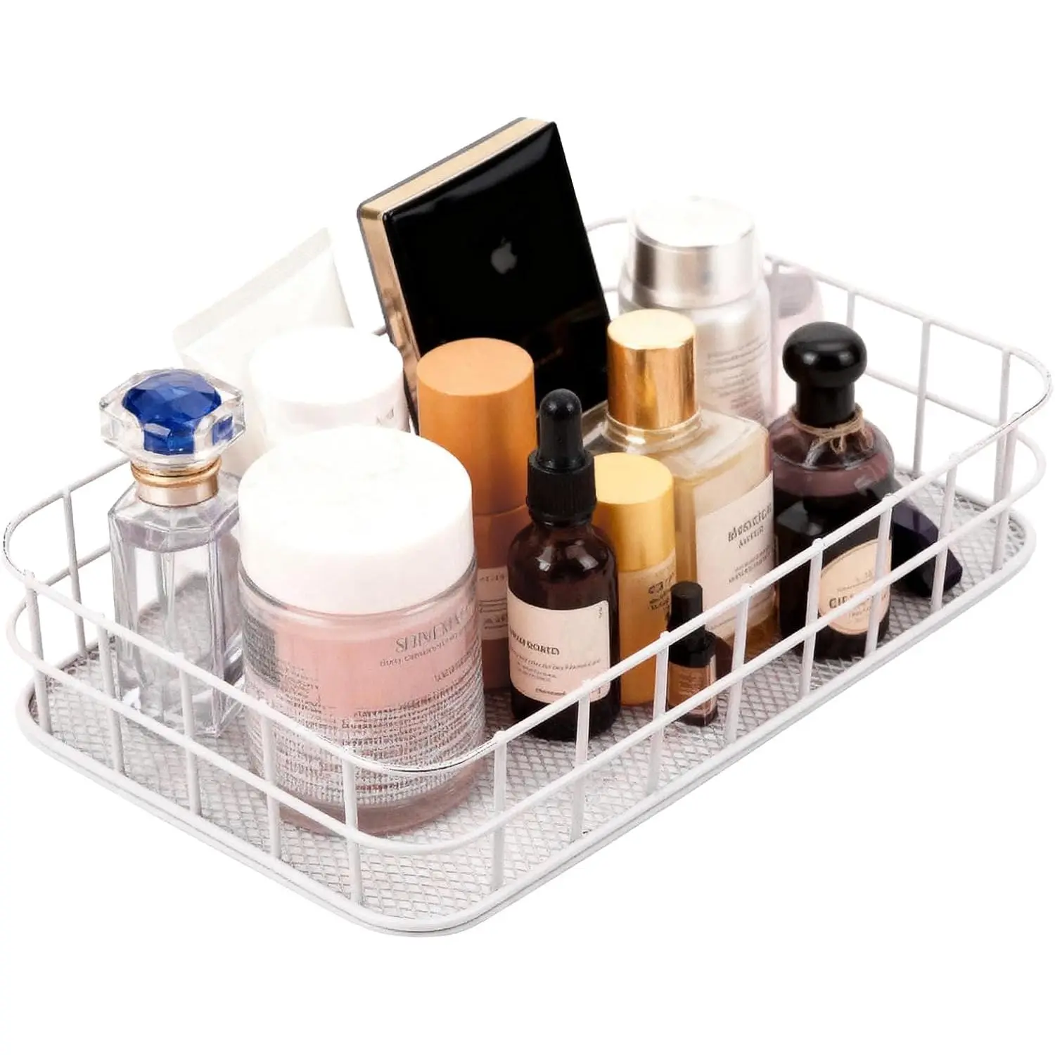 Metal Wire Storage Basket with Handles – Decorative Office Organizer Bin, Small Cube Storage Basket for Desk, Shelf, Closet, and  Organization (White)
