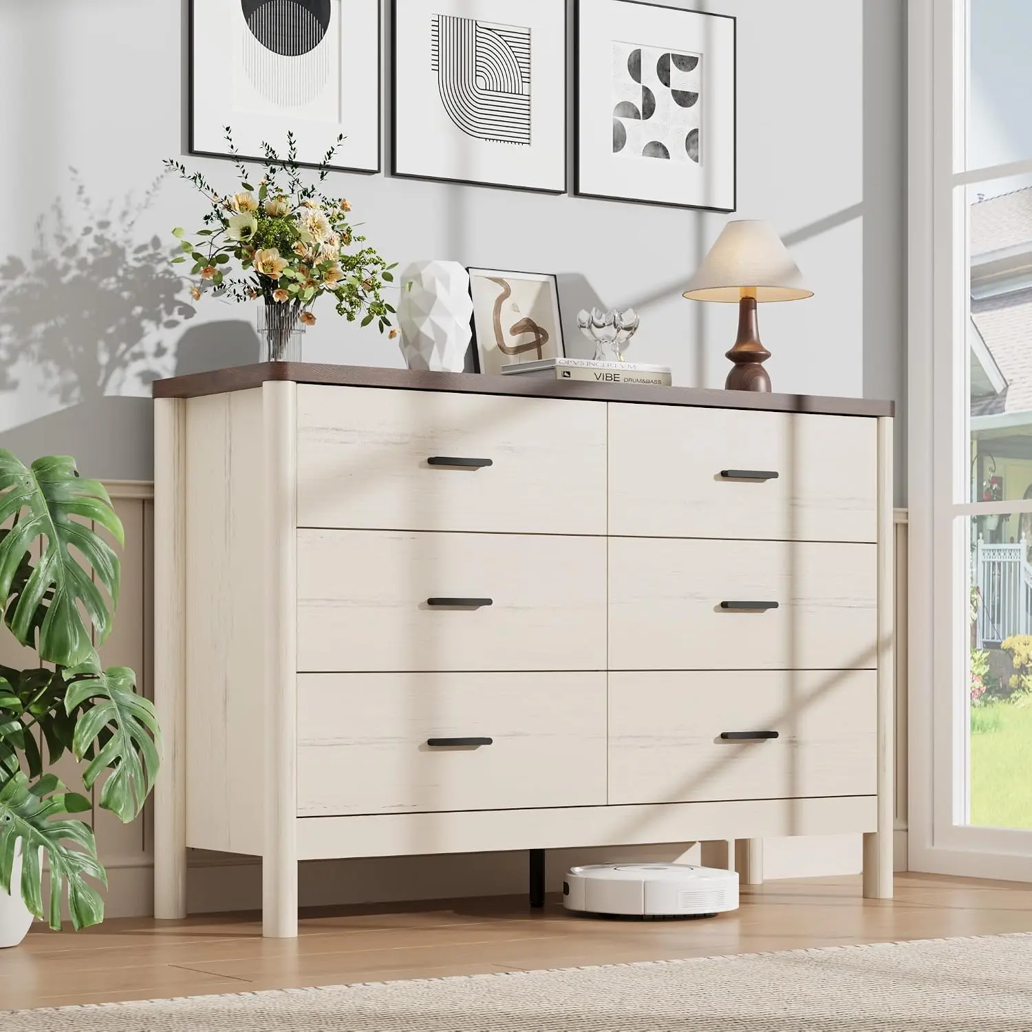 6 Drawer Dresser, Wooden Storage Chest of Drawers, White & Brown | Freestanding Storage Organizer with Cylindrical Legs, Metal Handles & Anti-Tip, for Bedroom, Living Room, Hallway
