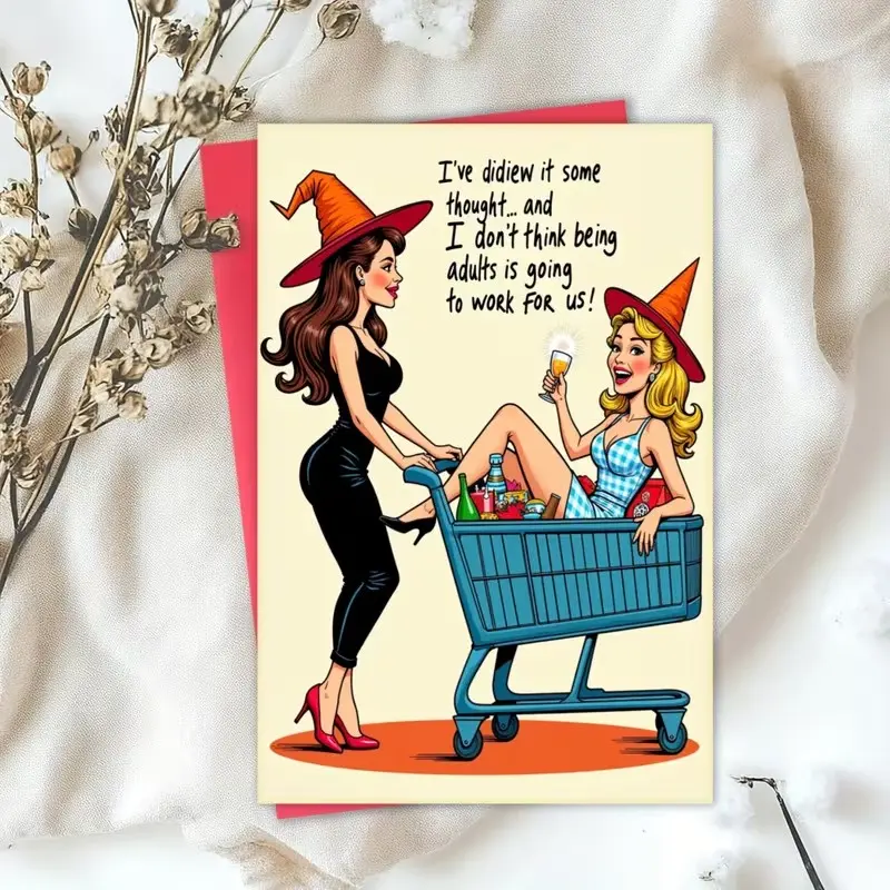 Halloween Witch Greeting Card with and Blue Shopping Cart Design, Perfect for Birthdays and Thanksgiving, Includes Envelope