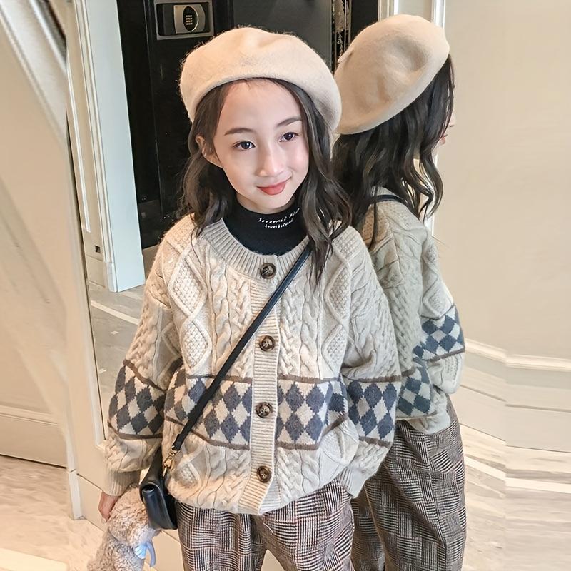 Girls' Sweater Jacket Spring and Autumn New Korean Style Fashionable Casual Knitted Cardigan, Suitable for 3-14 Years Old Girls, Perfect for Daily Wear, Holiday Activities, School, as a Gift, Knitted Cardigan, Sweater Cardigan, Sweater Card