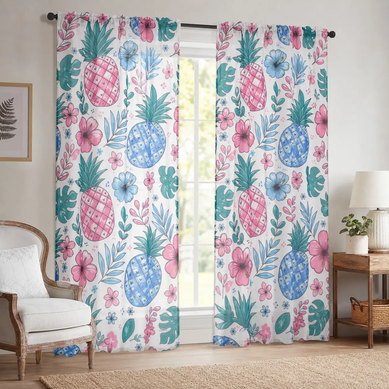 2-Pack Tropical Pineapple Floral Sheer Curtains, Blue Checkered Print, Ideal for Bedroom, Living Room, Kitchen, Balcony Decor