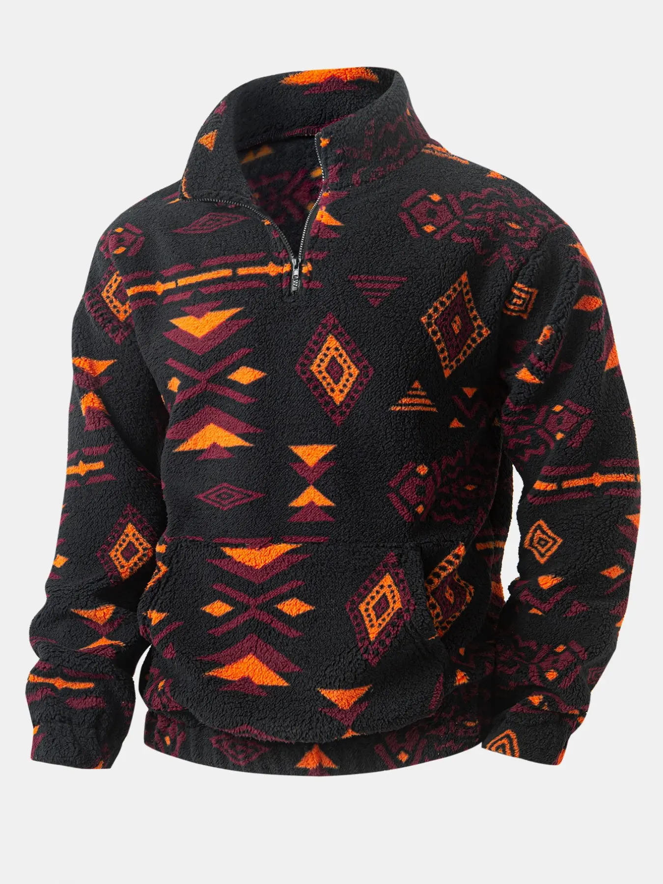 Men Navajo Aztec Tribal Print Fluffy Fleece Sweatshirt, Quarter Zip Stand Collar, Casual Street Winter Outerwear, Warm Pullover for Daily Wear