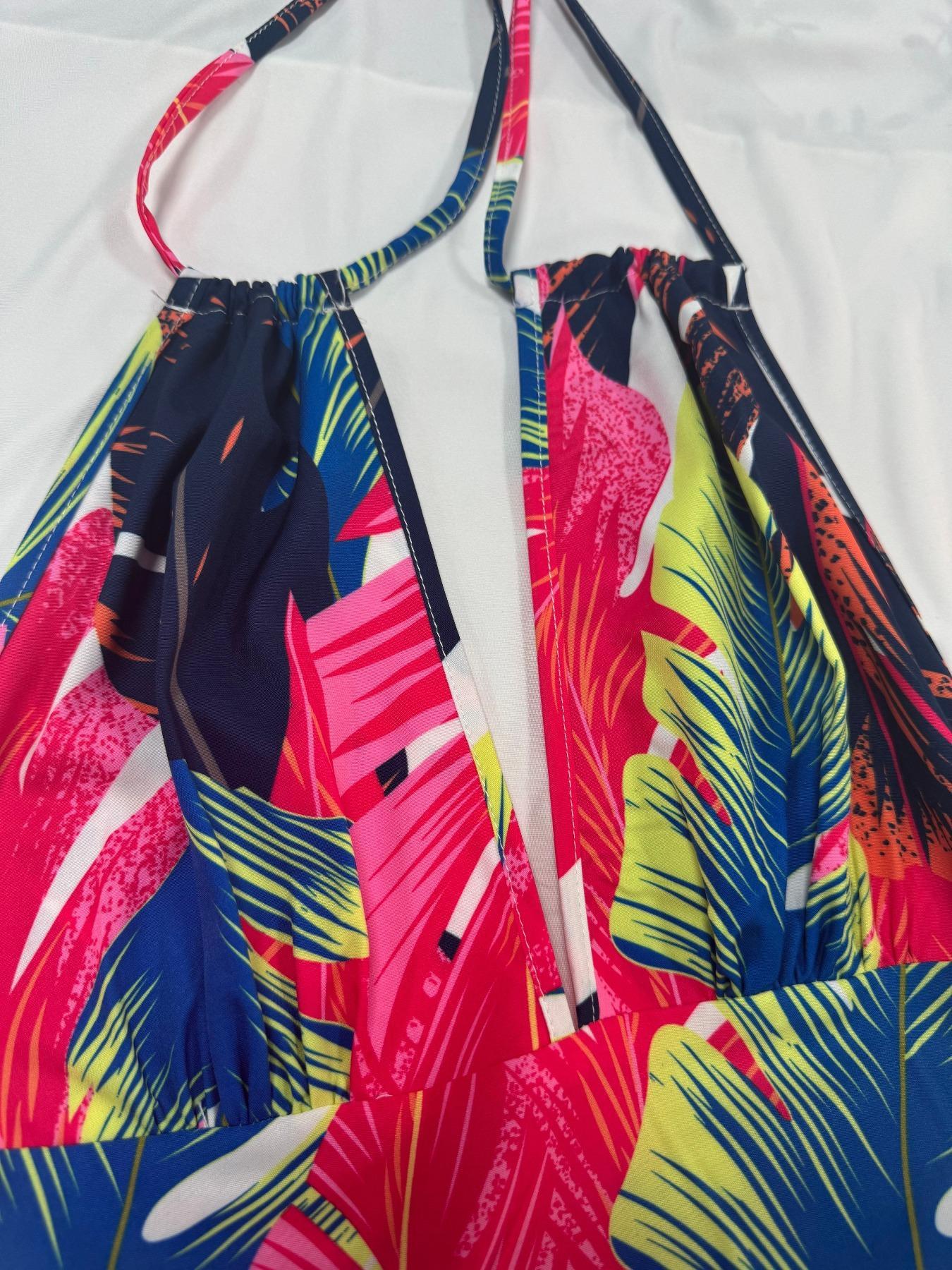 Women's All Over Print Tie Back Halter Neck Dress, Boho Casual Sleeveless Long Dress for Beach Holiday Vacation, Ladies Summer Clothes