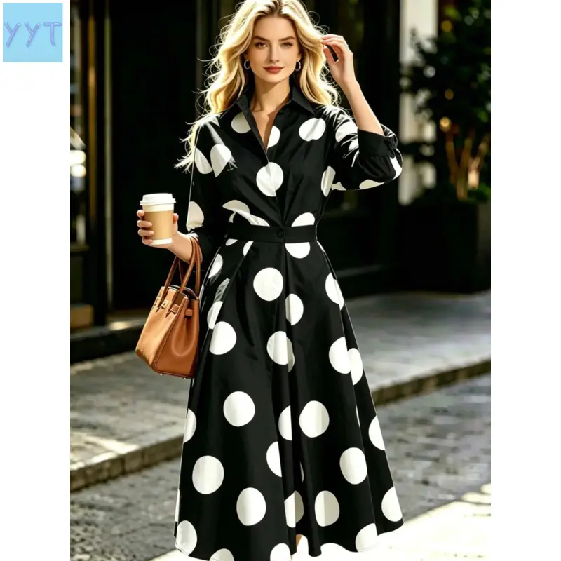 Women's Modest Islamic Collared Neck Casual Dress (YYT1) - Black Background with White Dots, Dot Pattern, Loose Waist, Slimming Mid-Length Lined Lapel Design, Machine Washable, Suitable for Commuting, Vacation