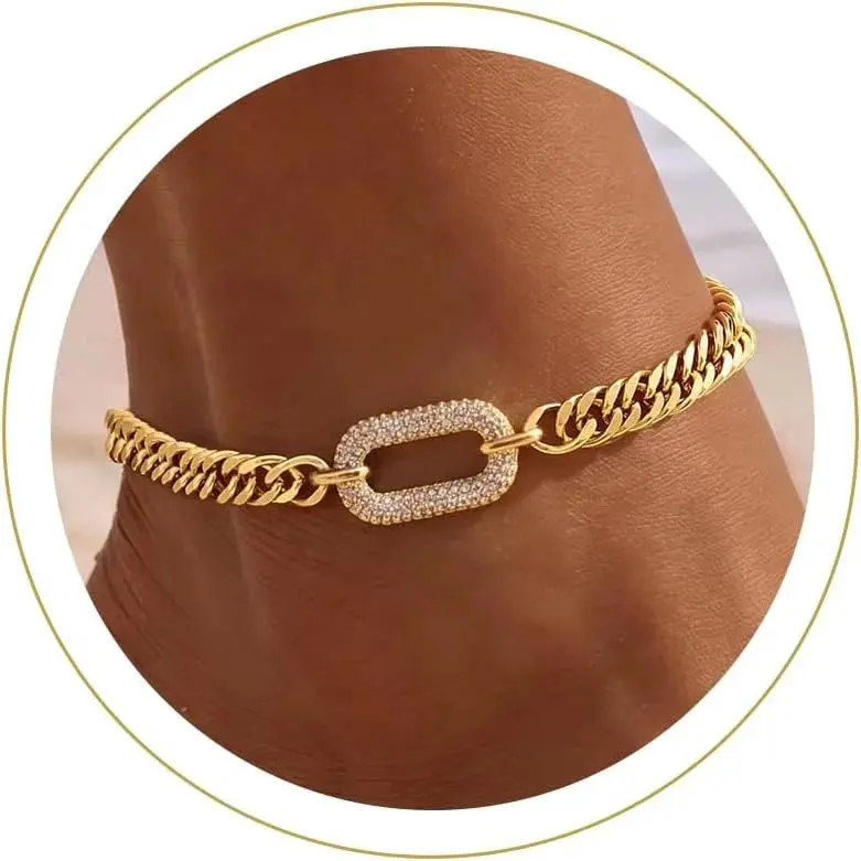 Gold Ankle Bracelets for Women Waterproof - Trendy 14K Gold Silver Plated Anklets Chunky Cuban Link Anklet Bracelet for Women Non Tarnish Summer Beach Jewelry Gifts