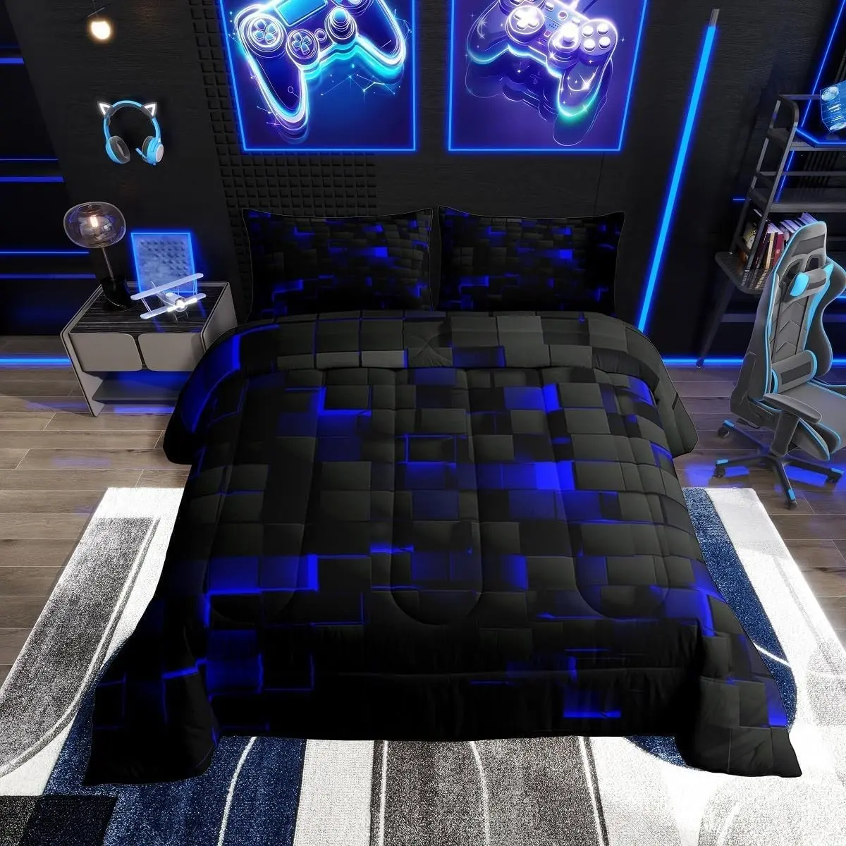Black Navy Royal Blue Comforter Set Full Neon Geometric Checkered Bedding Set for Teen Boys Gamer Room Decor,Abstract Stereoscopic Grids Quilt Square Plaid Check Bed Set 3 Pcs