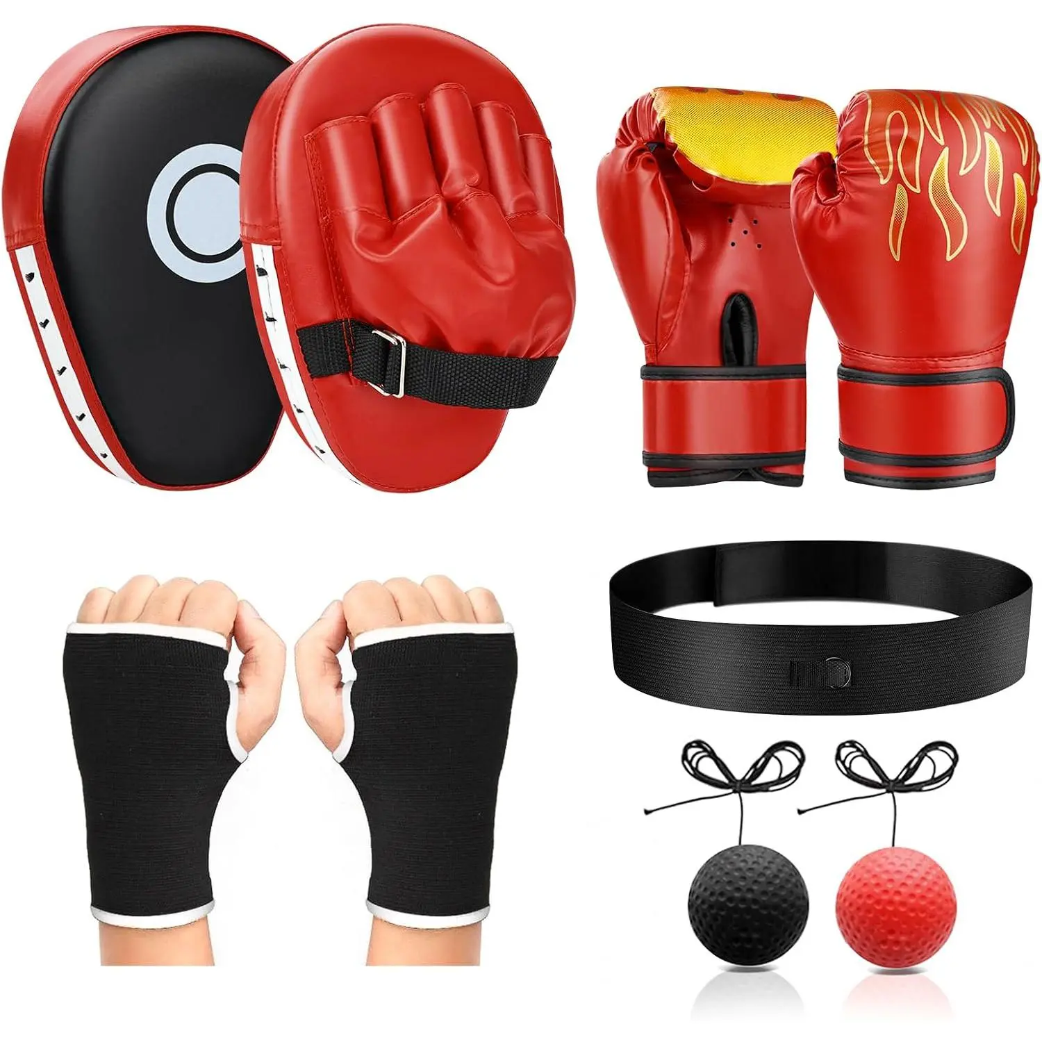 4-in-1 Boxing Gloves and Punching Mitts Set for Boys & Girls,  Boxing Gloves Focus Pads with Hand Wraps, Boxing Reflex Ball, Boxing Equipment Set for MMA Karate Muay Thai Taekwondo
