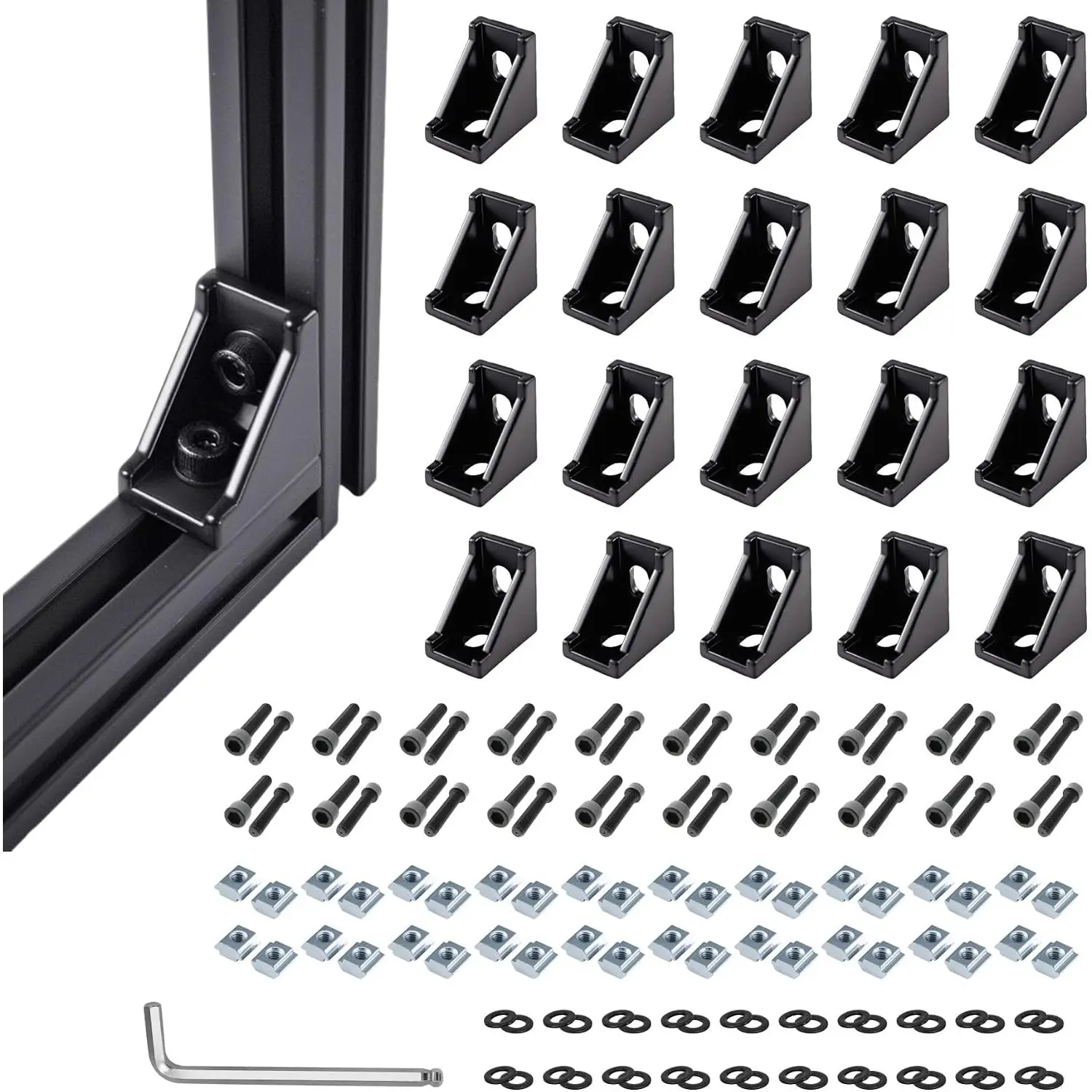 2020 series aluminum profile T-slot angle bracket kit, includes 20 right-angle connectors, 40 T-nuts and screws, suitable for 6mm V-slot profile hardware accessories