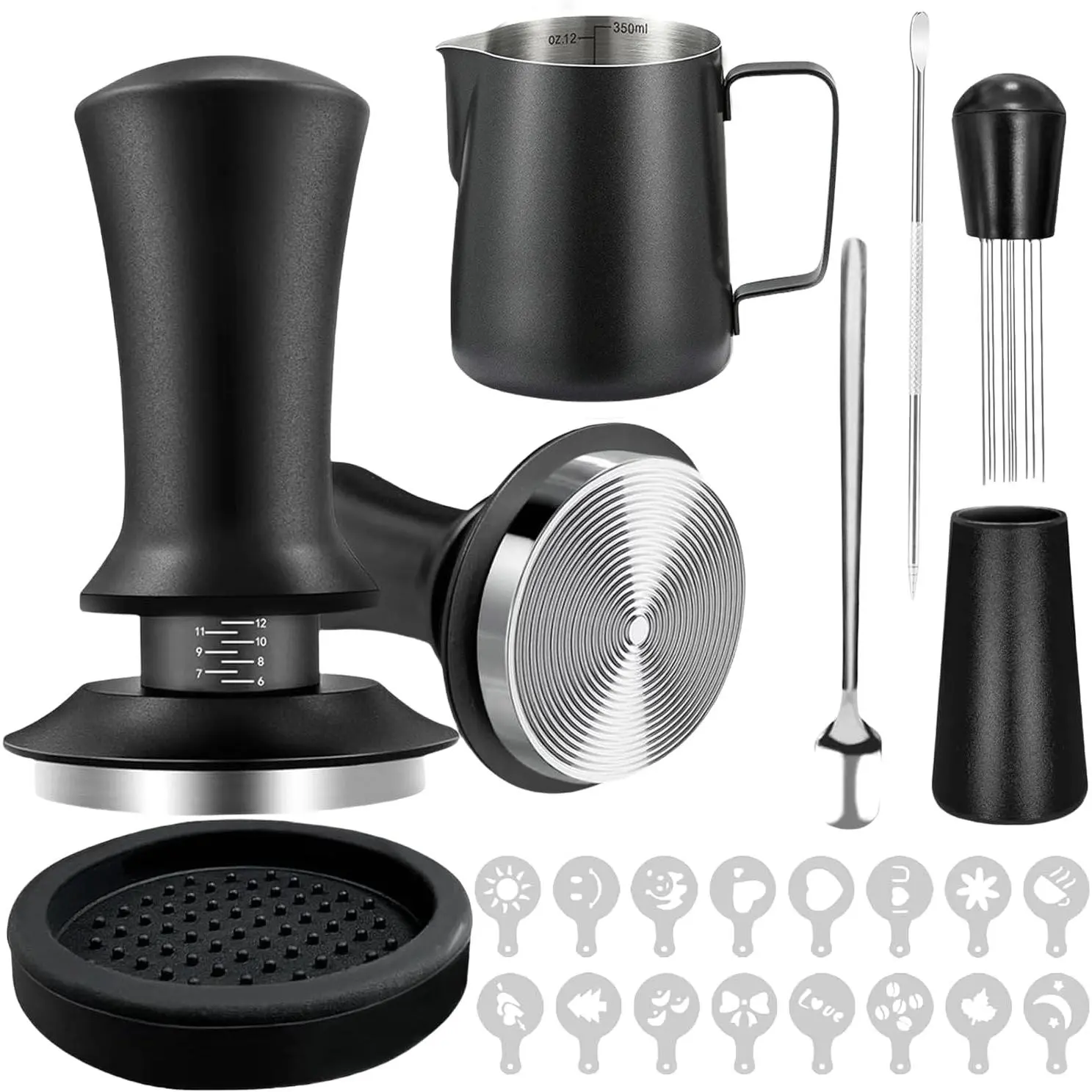 22 PCS Espresso Accessories Kit 53mm Coffee Tamper Set Barista Kit with Frothing Pitcher WDT Tool Stirrer Tamper Mat Coffee Stencils Latte Art Pen