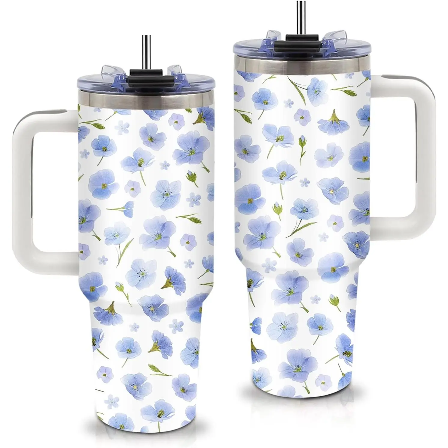 Aesthetic Blue Flower Themed Tumbler 40oz with Handle and Straws, Leak - proof, Stainless Steel Insulated Travel Coffee Mugs for Women, Gifts Birthday Cup