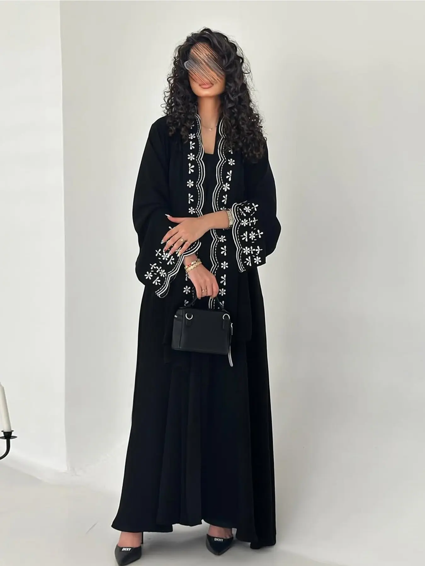 Long Robe Jacket with Embroidered Trim, Fashionable Women's Open Front Top, Includes Headscarf, Casual Loose Fit, All Seasons, Embroidery