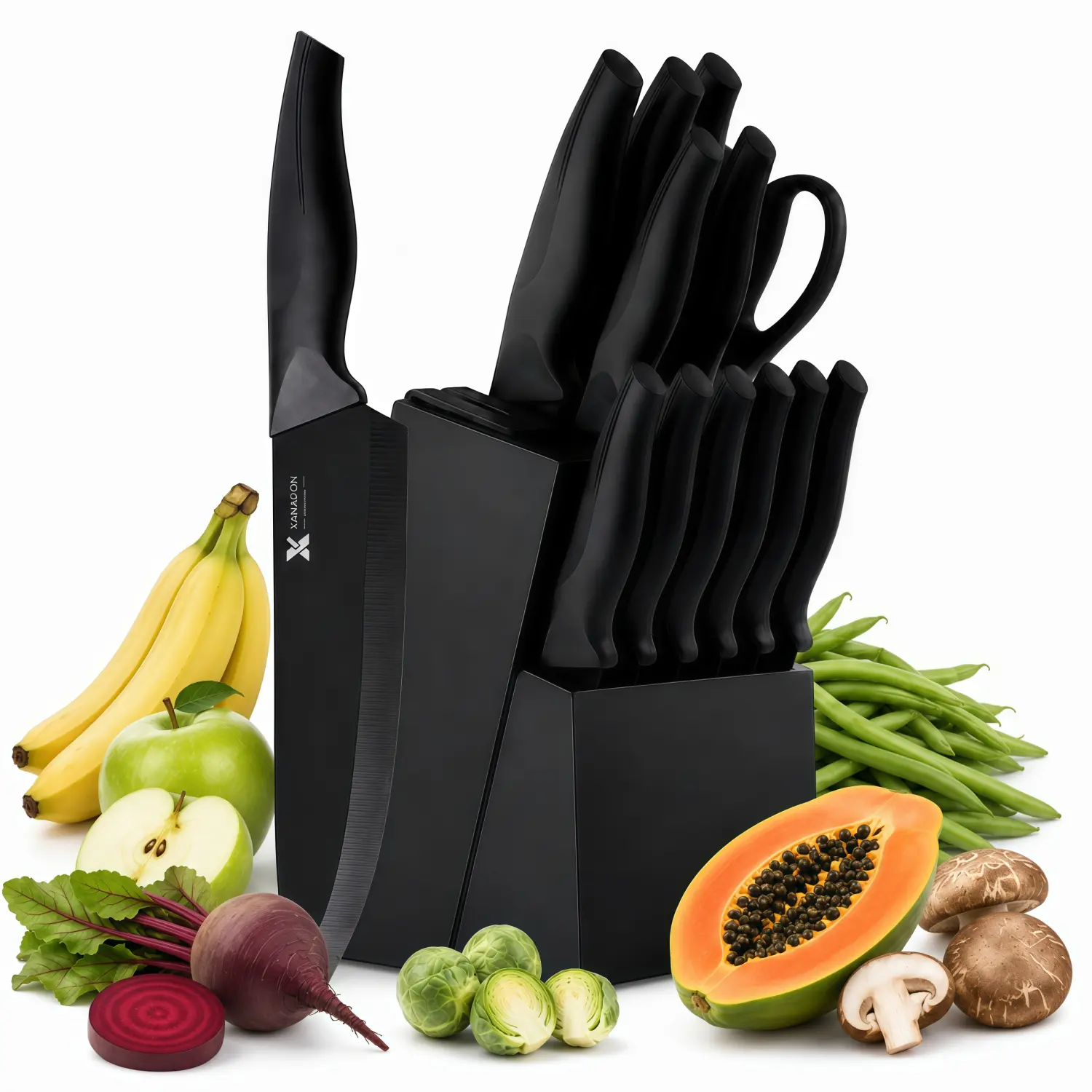 14-Piece Self-Sharpening Stainless Steel Knife Set for Home Kitchen, Black Knives with Storage Block, Built-In Sharpener, ABS Ergonomic Anti-Slip Handles, Dishwasher Safe for Slicing and Cutting