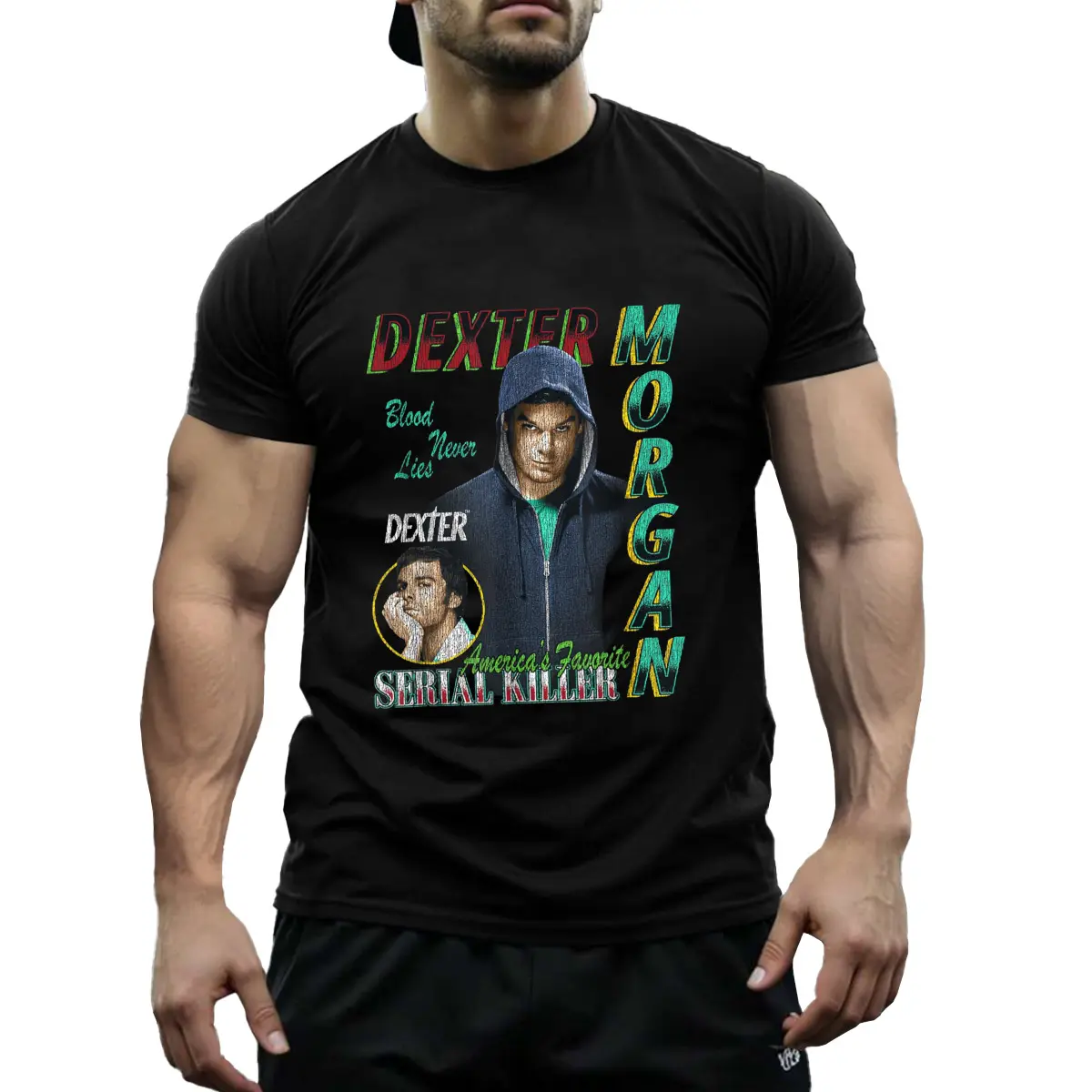 90's Bootleg Dexter Morgan T-Shirt 180G Pure Cotton Single-Sided Printed Round Neck Short Sleeved T-Shirt - T Shirt