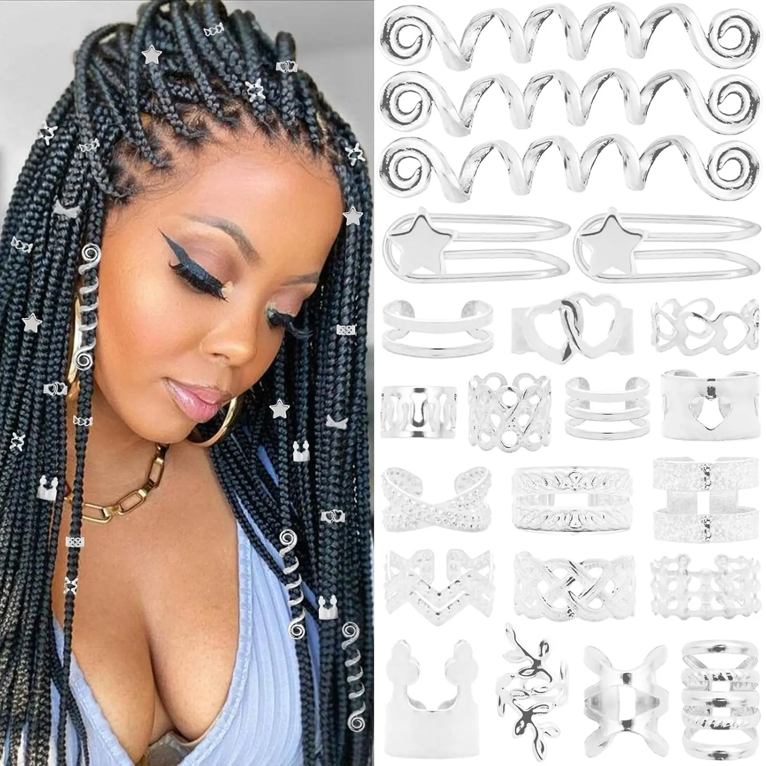 103 count  Hair  for Braids Accessories, Hair Cuffs & Rings, Loc  for Black Women, Metal  Hair Accessories, Braid Decorations, Hair Charms for Dreadlocks and Braiding