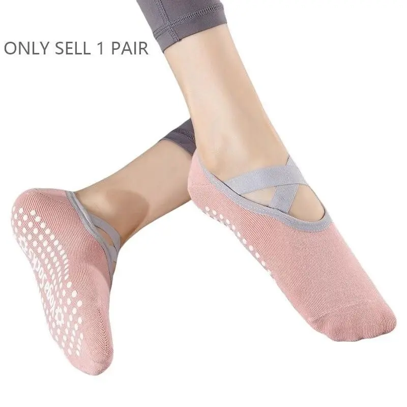 Cross Strap Non-Slip Yoga Socks with Silicone Grip Pads, Breathable Cotton Pilates Barre Socks for Hot Yoga Dance, Anti-Slip Yoga Socks