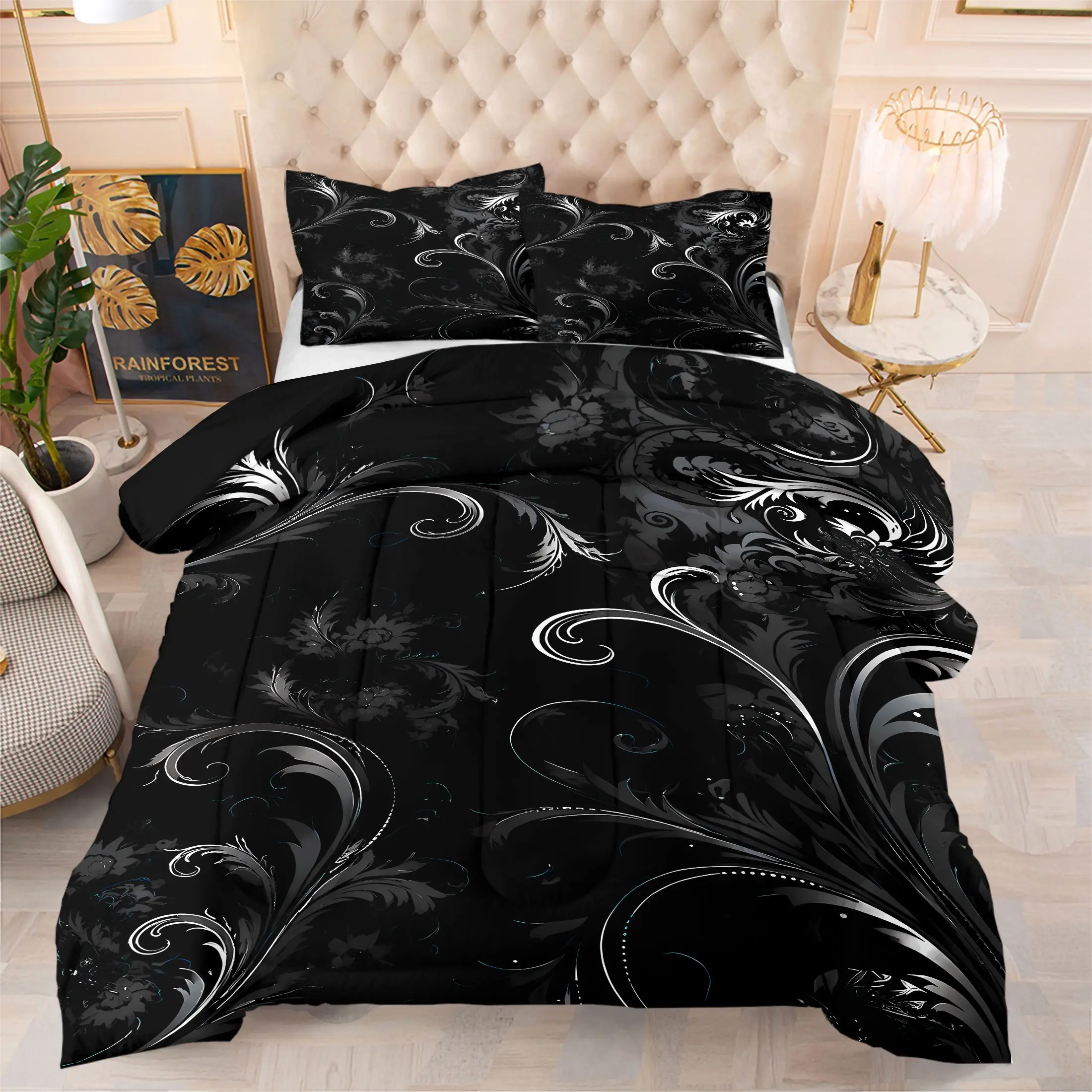 Black Base Silver White Vintage Damask Floral Comforter 3 Piece Set, 1 Quilt + 2 Pillowcases, Elegant Swirl Scroll Pattern Print Bedding, Gothic Aesthetic Bedroom Home Decor, Comfortable and Warm, Cozy Bedding Set