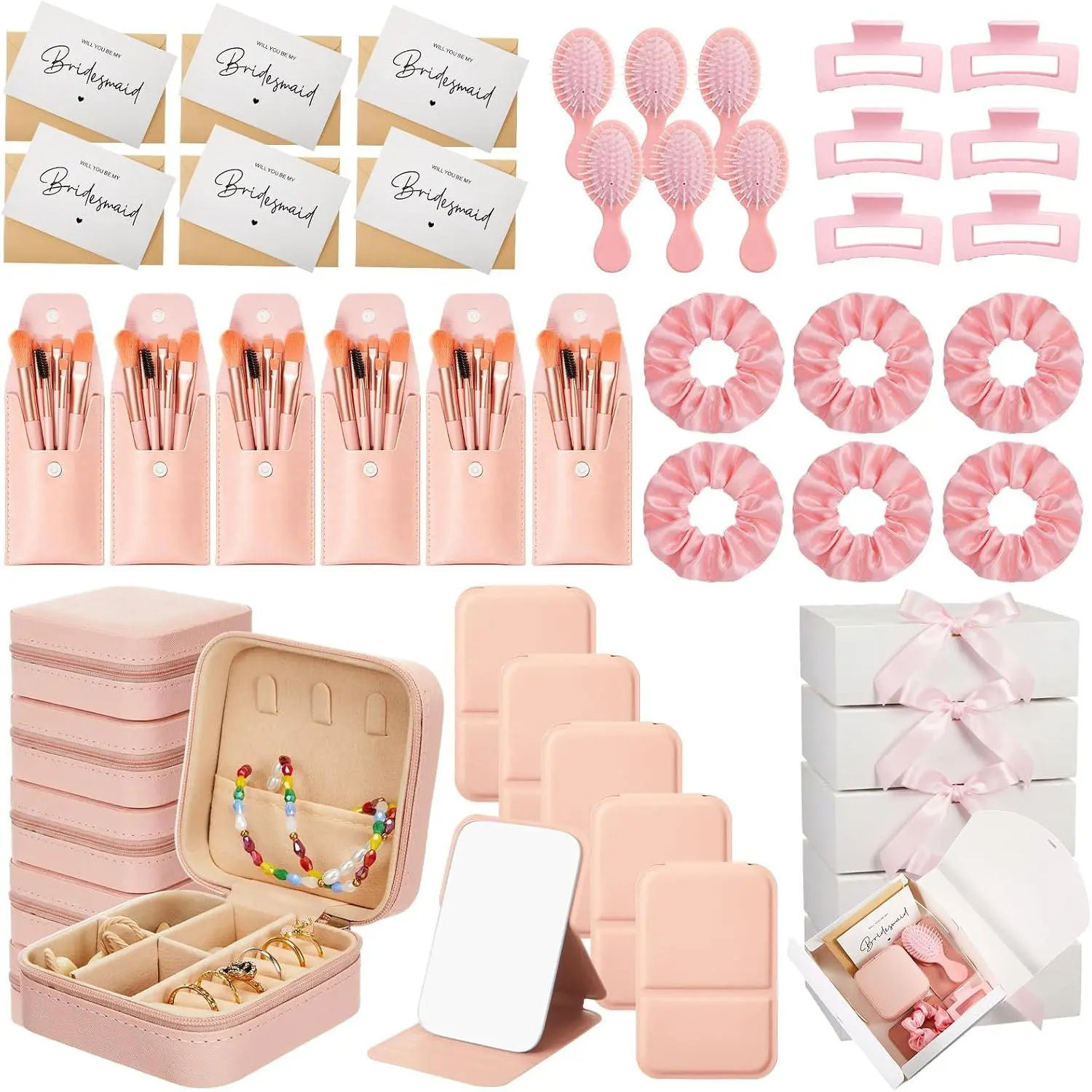 48 count Bridesmaid Proposal Gifts Box Set of 6 - Will You Be My Bridesmaid  Kit with Leather  Box & Mirror, Hair Accessories for Wedding, Bridal Shower, Bachelorette Party Favor